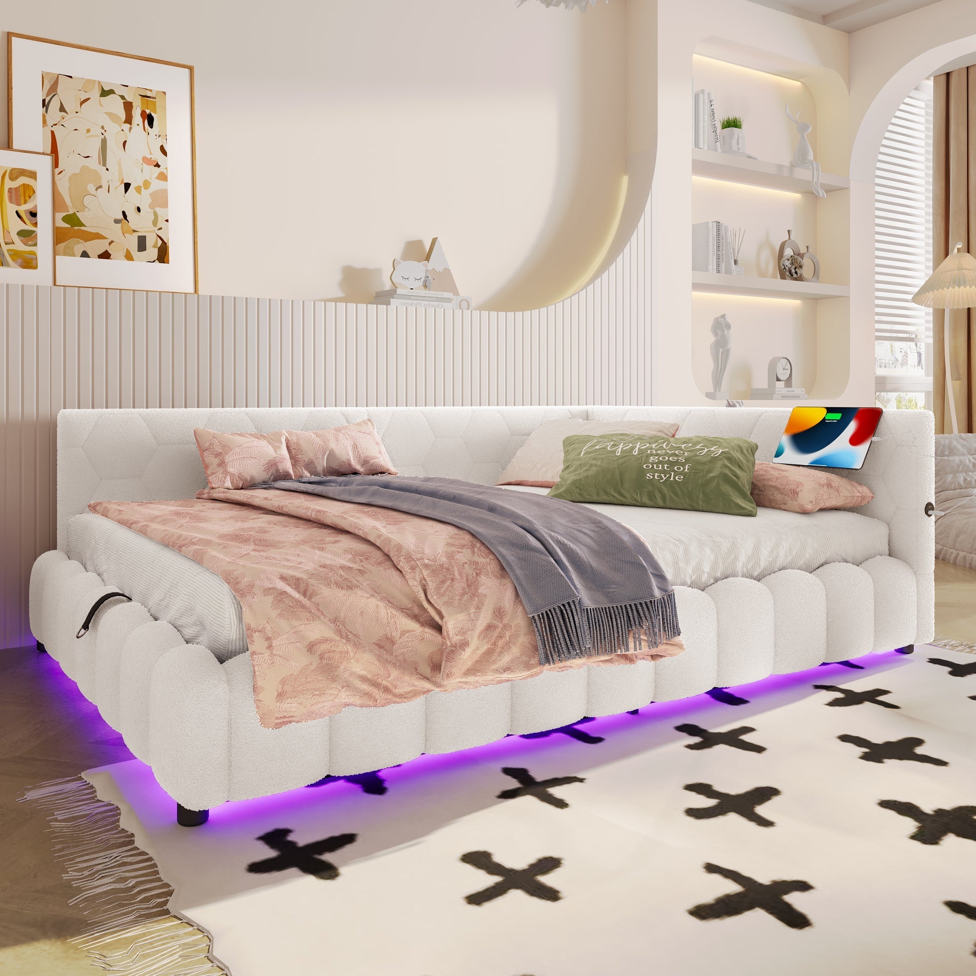Daybed Sofa Bed 140x200cm Hydraulic Storage LED USB/Type-C Fleece Imitation White
