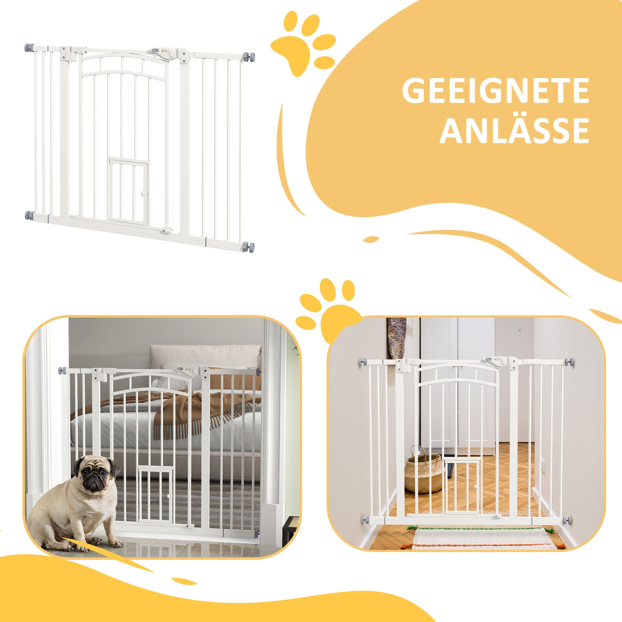 Treppenschutzgitter für Hunde, automatisch schließend, Katzenklappe, bohrfrei, 74-100cm, weiß