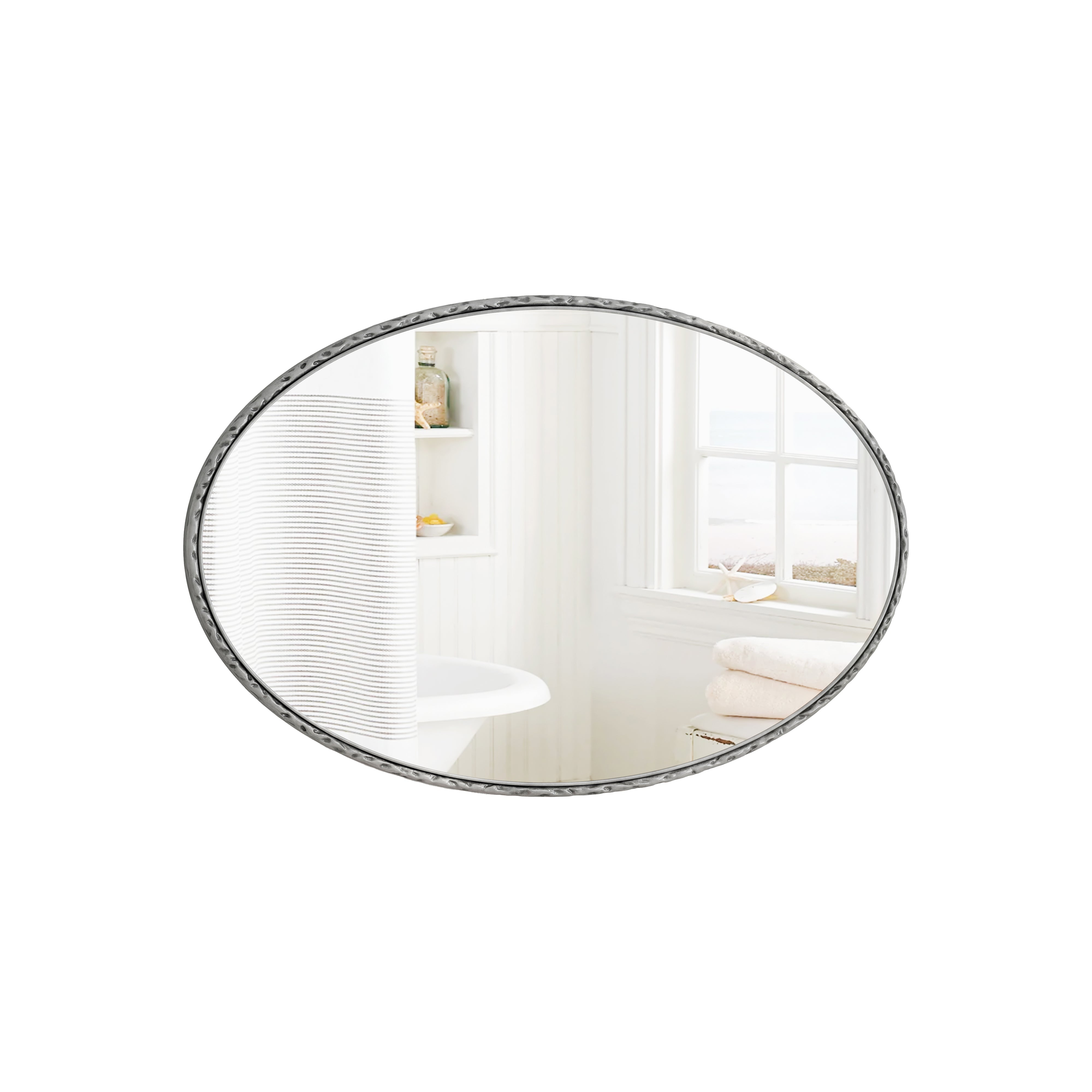 Iron Art Oval Mirror, Wall Hanging, Antique Effect, Silver