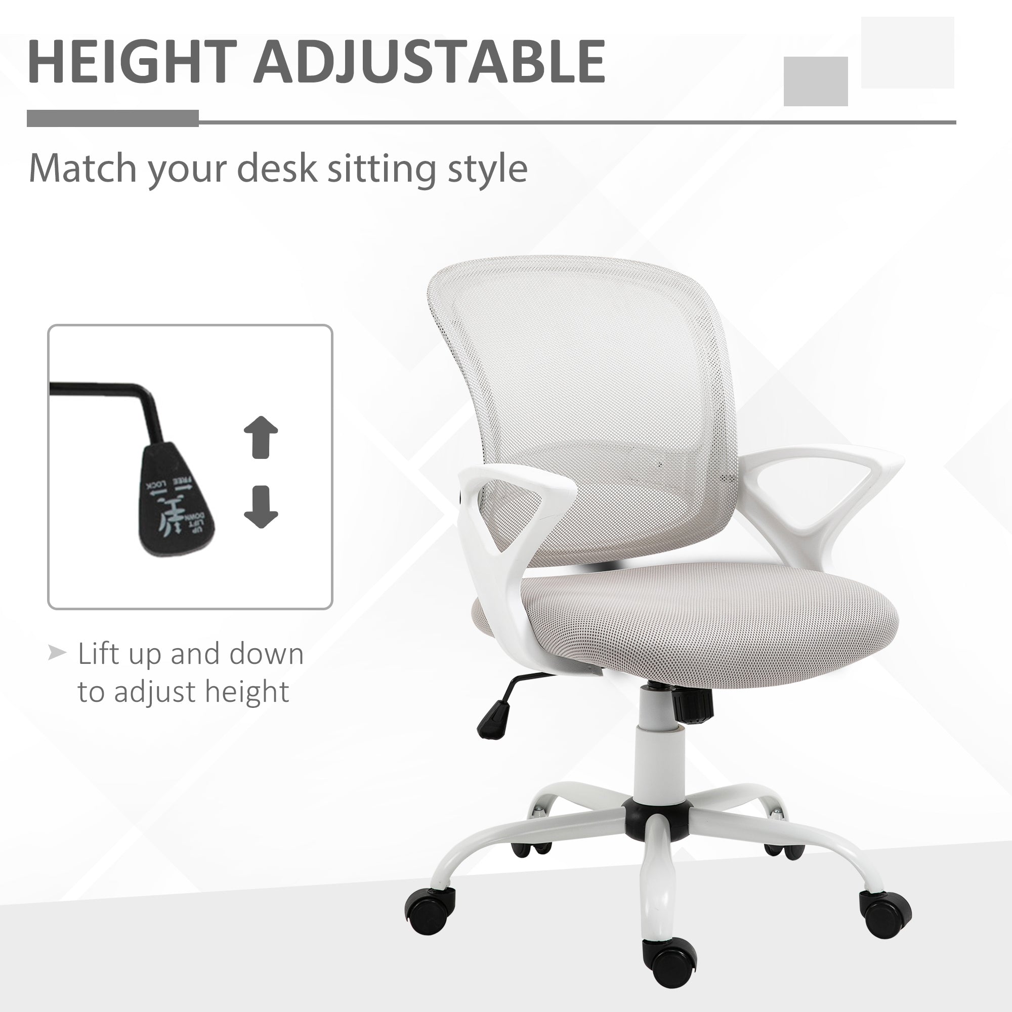 Office Chair Swivel Desk with Lumbar Support Adjustable Height Mesh Grey