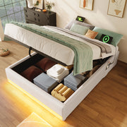 Upholstered Bed 90x200cm Hydraulic Storage LED USB/Type-C Pockets - Beige