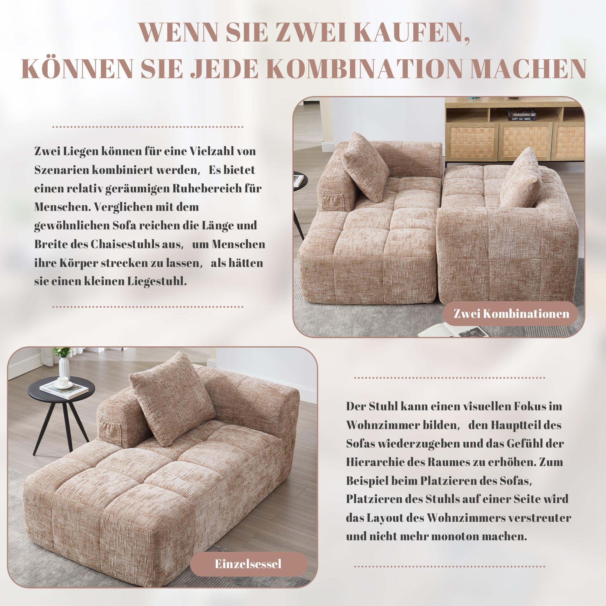 Chaise Longue Sofa, Soft Cushions Side Pockets, Khaki