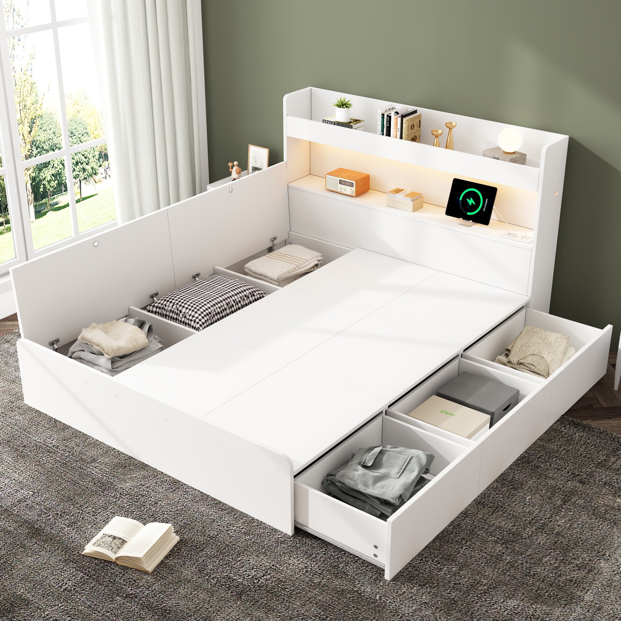 Storage Bed 140x200cm with USB, Power Outlet, LED and Drawers, White Solid Wood