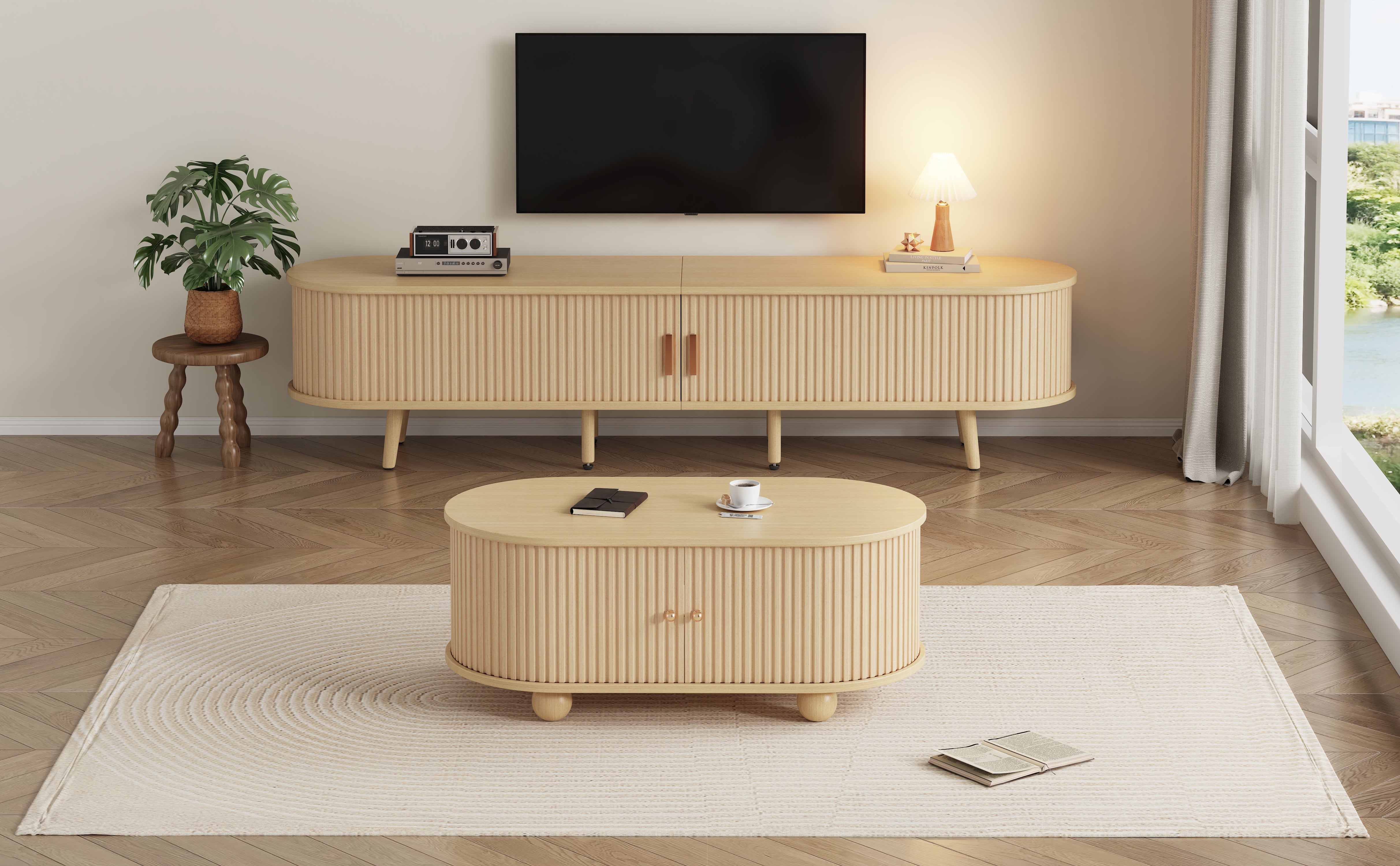 TV Cabinet & Coffee Table Set, Oval Combination Storage, Original Wood Color MDF