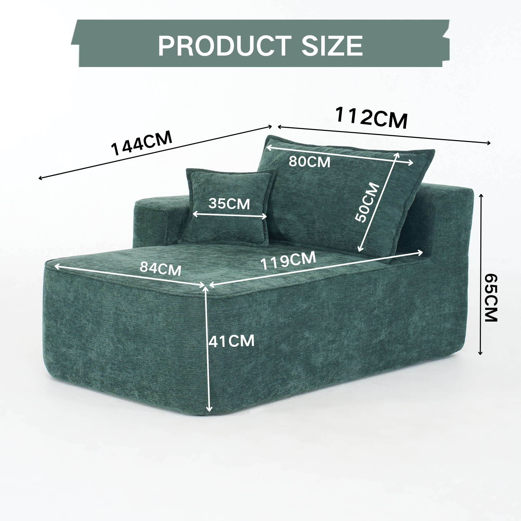 Comfortable Chaise Longue Sofa with Cushions and Side Pockets, Green