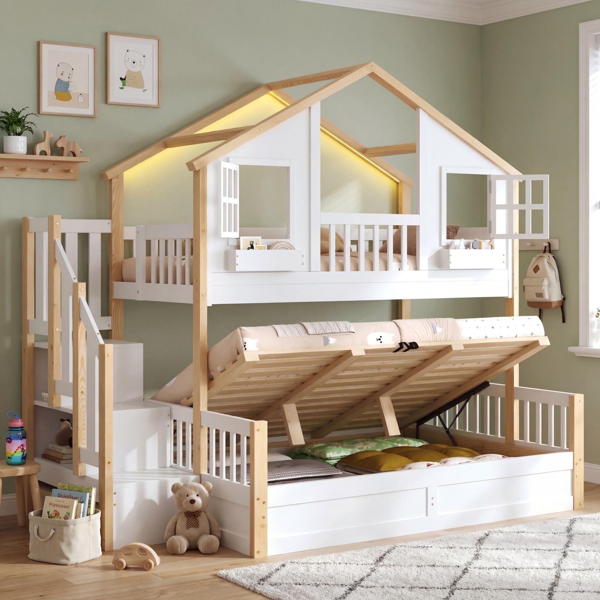 Bunk Bed with Hydraulic Storage, LED, and Stairs, 90x200/140x200cm, White and Natural Wood