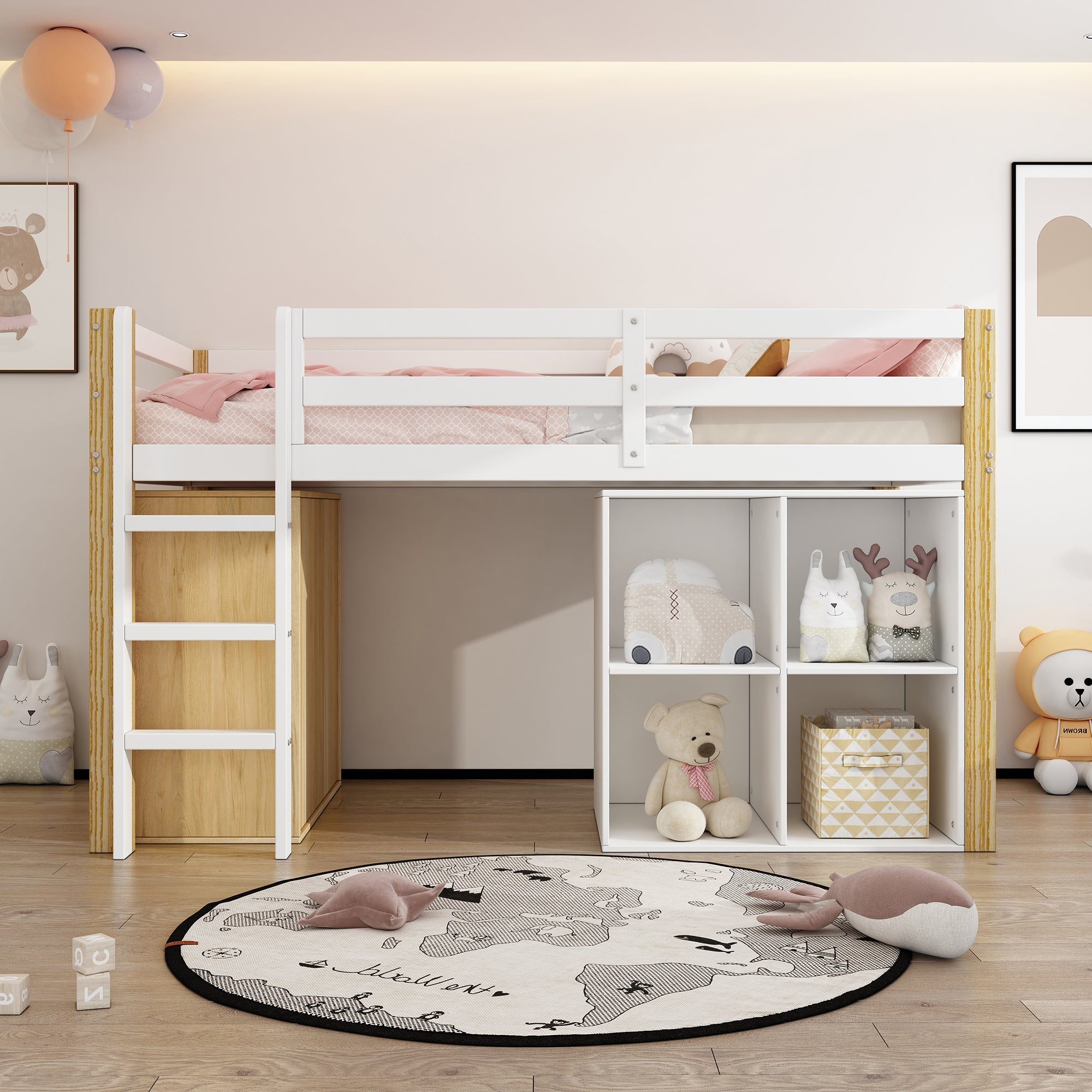 Children's Loft Bed with 2 Storage Cabinets and Ladder, Natural and White