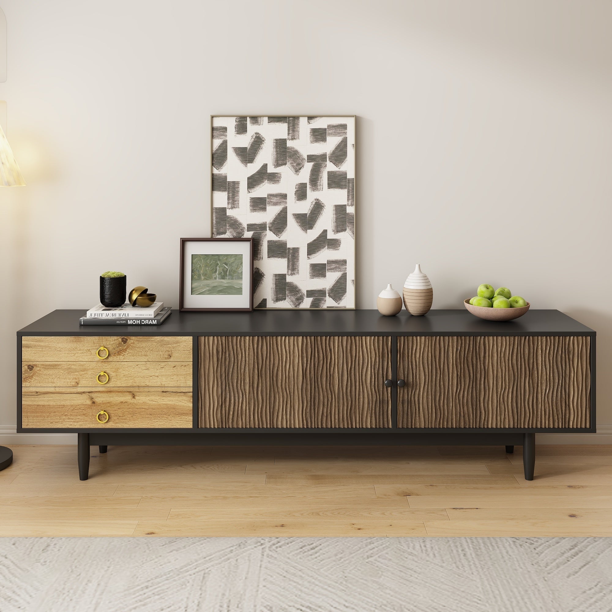 TV cabinet, water wave pattern, three drawers, wood and black