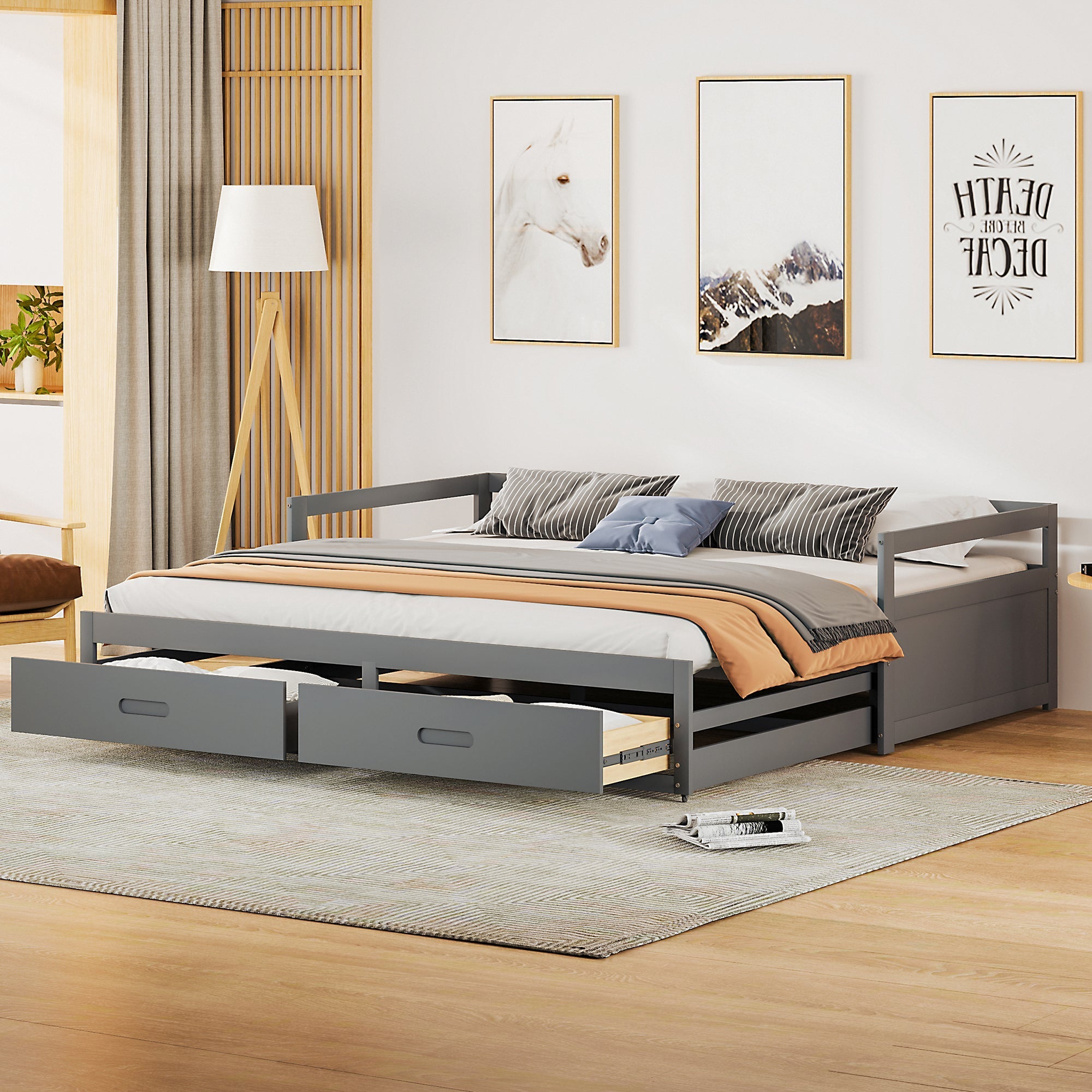 Pull-out Sofa Bed, 90/180*200 cm with Drawers, Pine, Grey