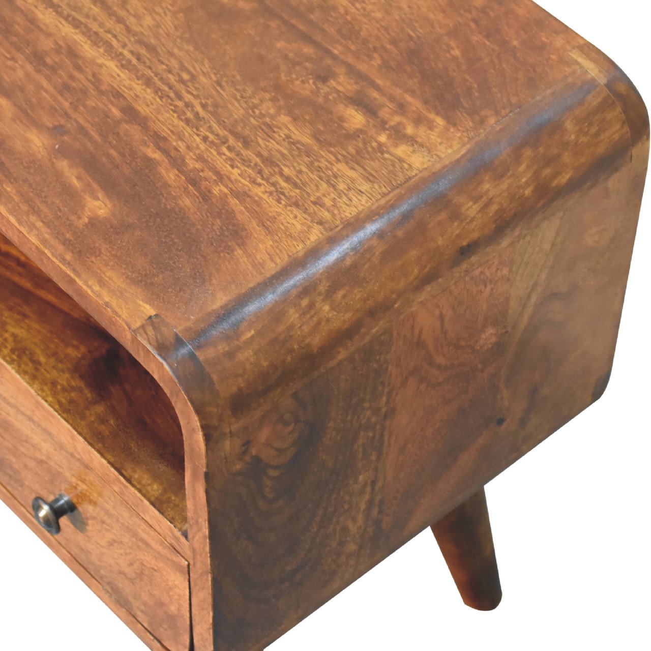 Solid Wood Mini Curved Media Unit, 1 Drawer, 1 Open Slot, Brown