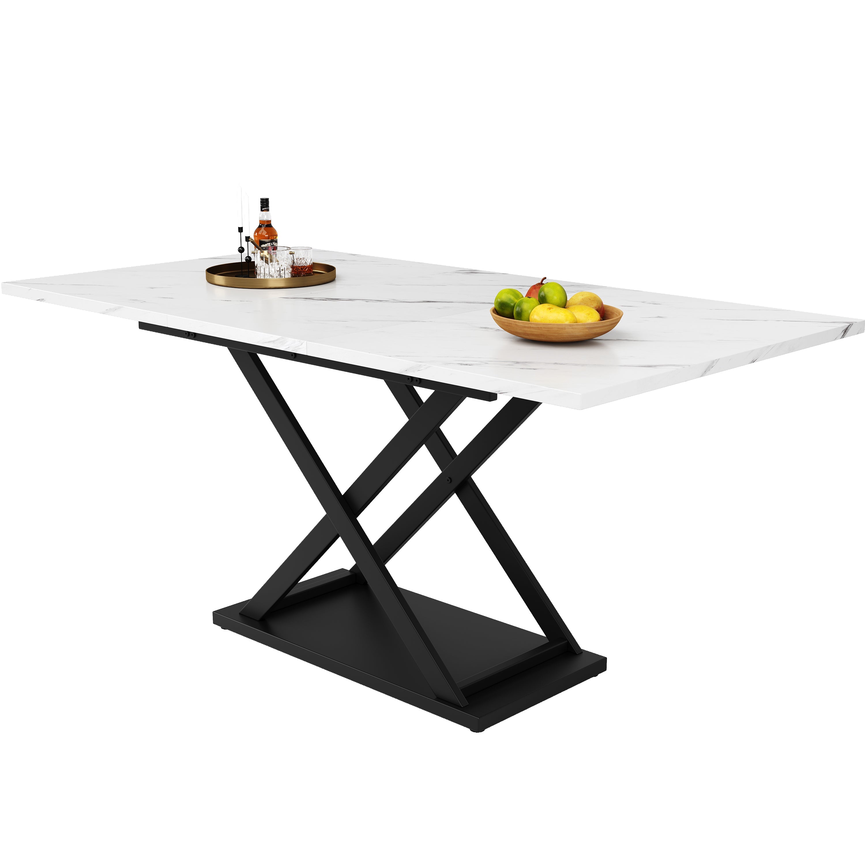 Telescopic Dining Table Extendable 120-160x80cm Crossed Iron Legs - White Marble/Black