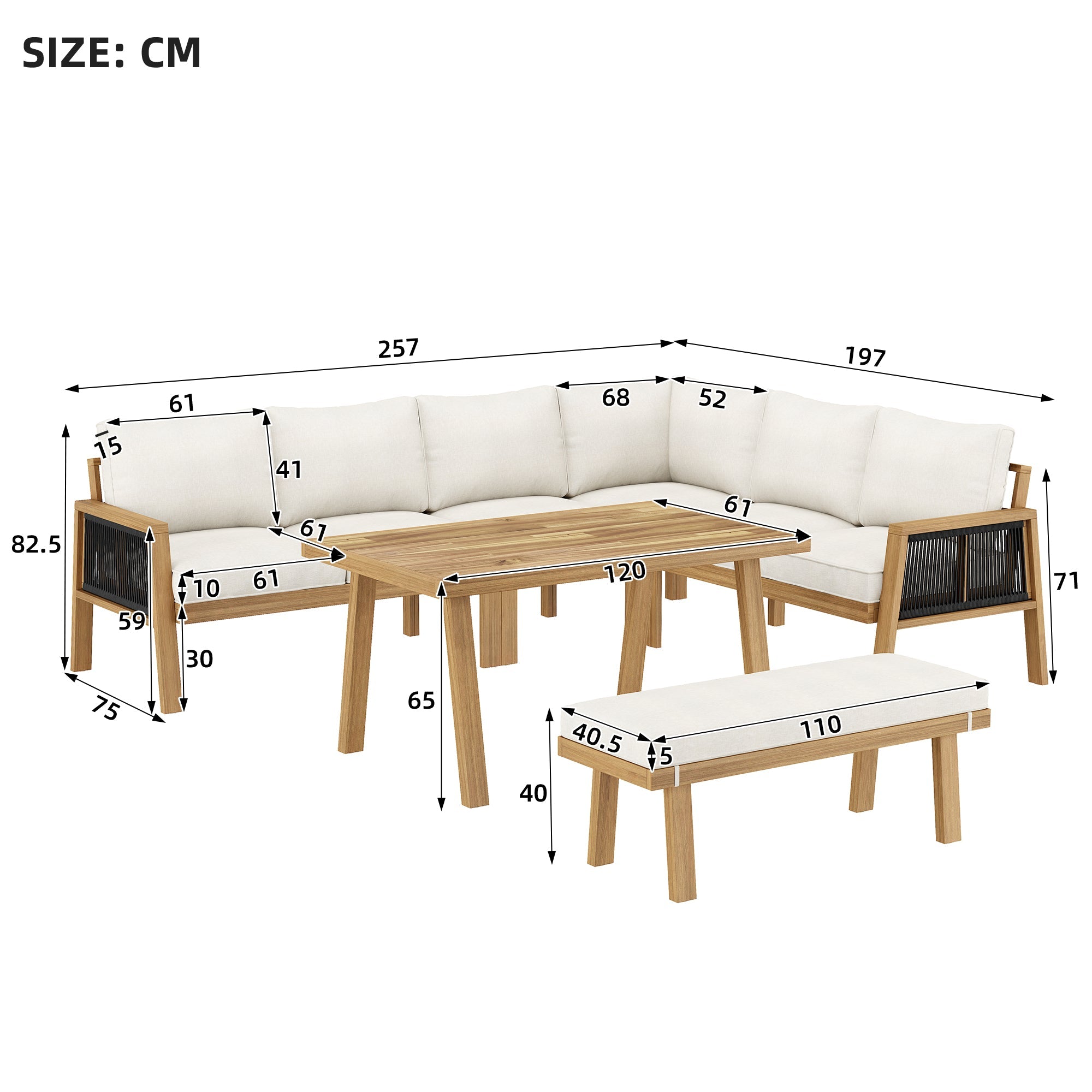 Garden Furniture Set with Corner Sofa and Coffee Table, Acacia Wood and Woven Rope, Natural and Cream