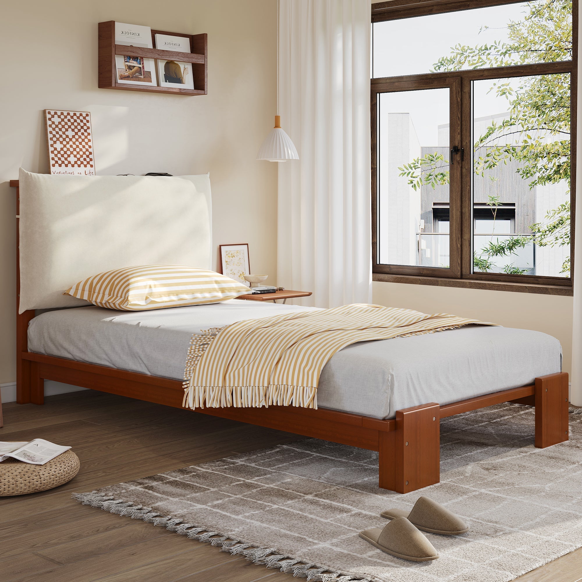 Upholstered Single Bed with Padded Headboard and Slatted Base, Dark Brown