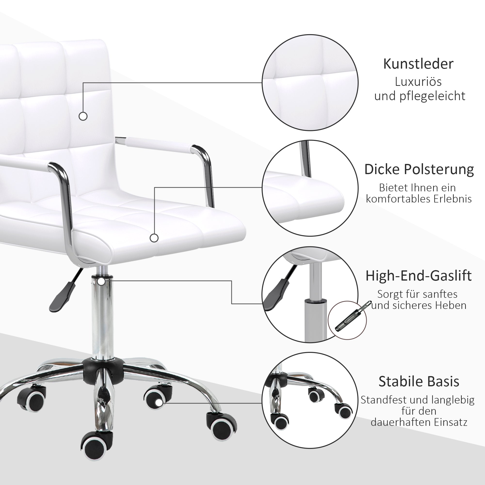 Office Chair, Height-Adjustable Ergonomic Swivel Executive, PU White