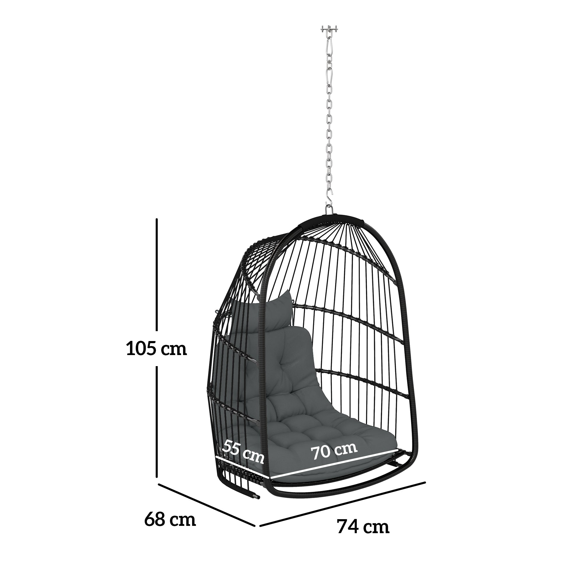 Hängesessel, klappbare Polyrattan-Schaukel, 150 kg Tragkraft, dunkelgrau