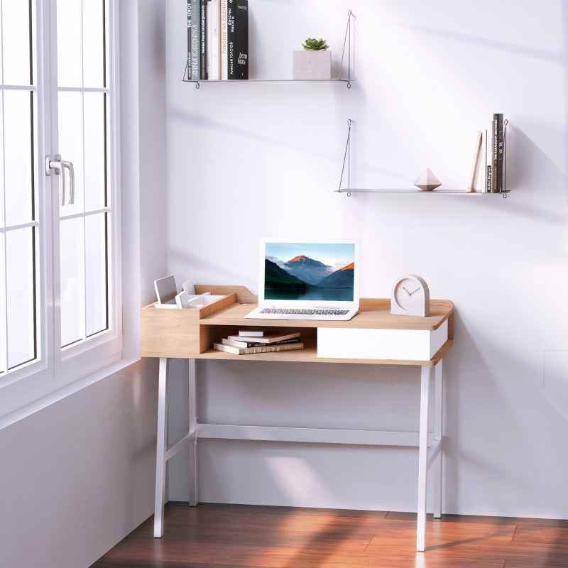 Computer Desk with Drawer Storage and Cable Management, Oak and White