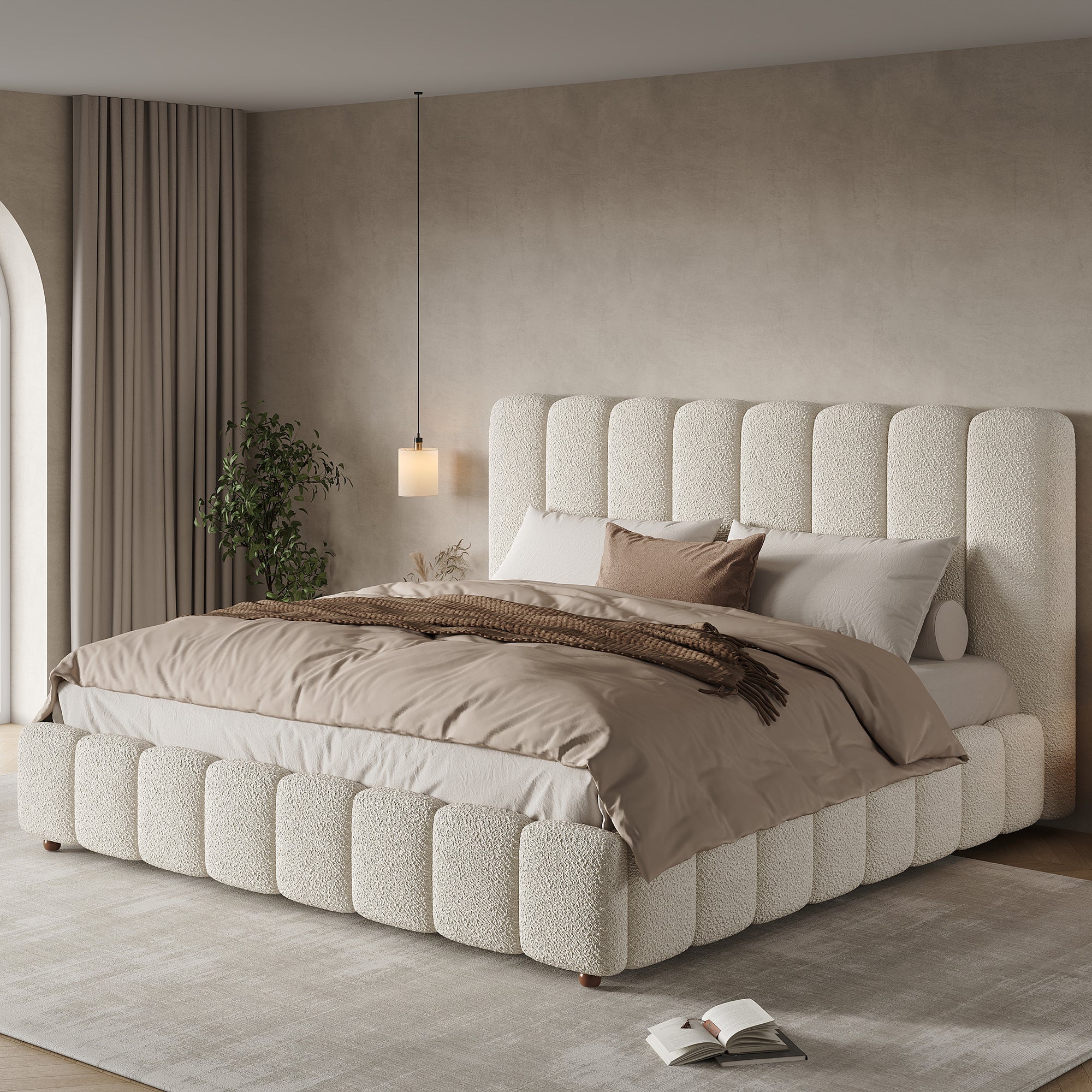 Upholstered Double Bed with Hydraulic Storage and Slatted Frame, 160x200cm, White Bouclé