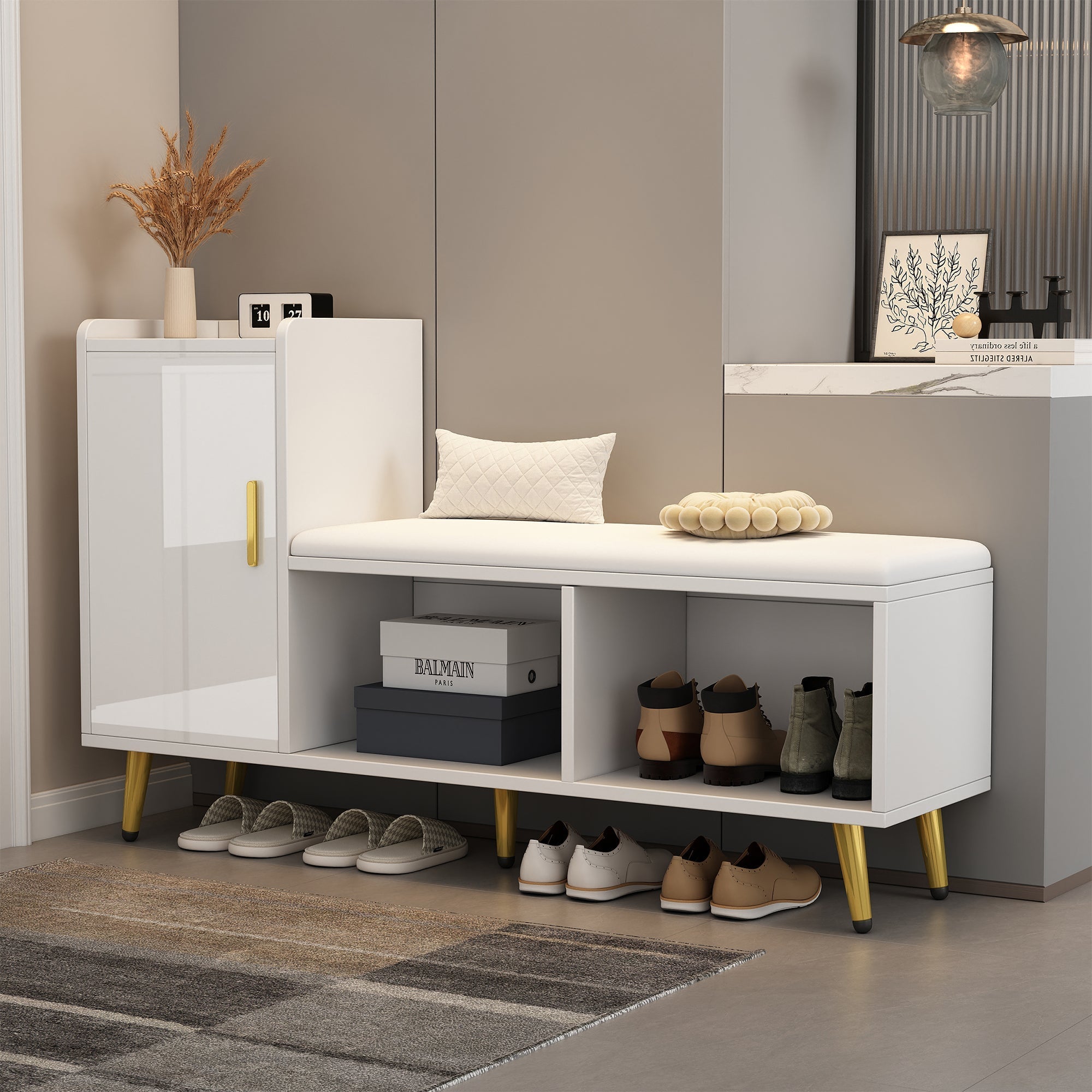 Shoe Cabinet, Multi-Tiered Storage with Upholstered Seat and Gold Accessories, White High Gloss