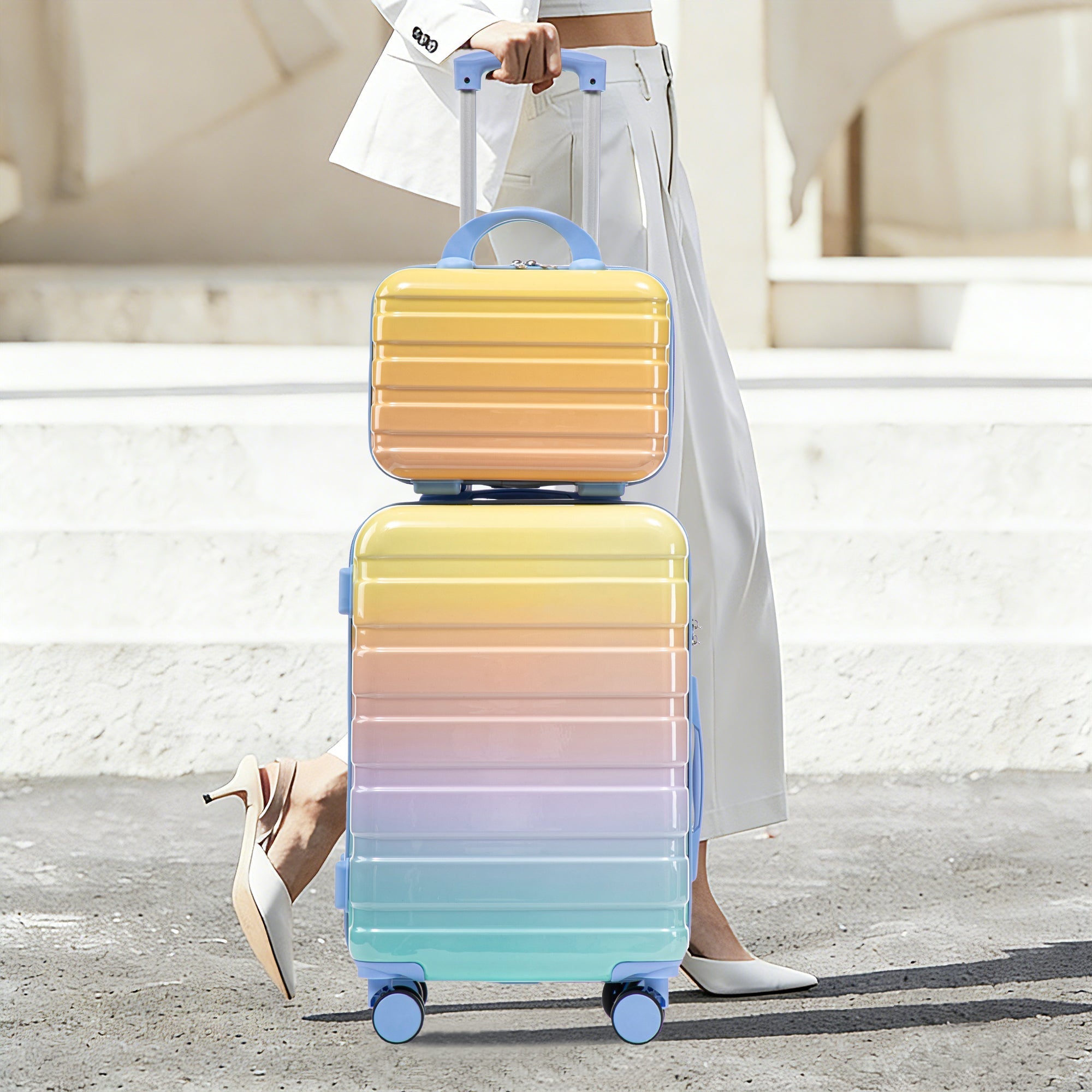 PC Spinner Luggage Set 14"/20" 2-Piece with Lock & Cosmetic Bag - Yellow