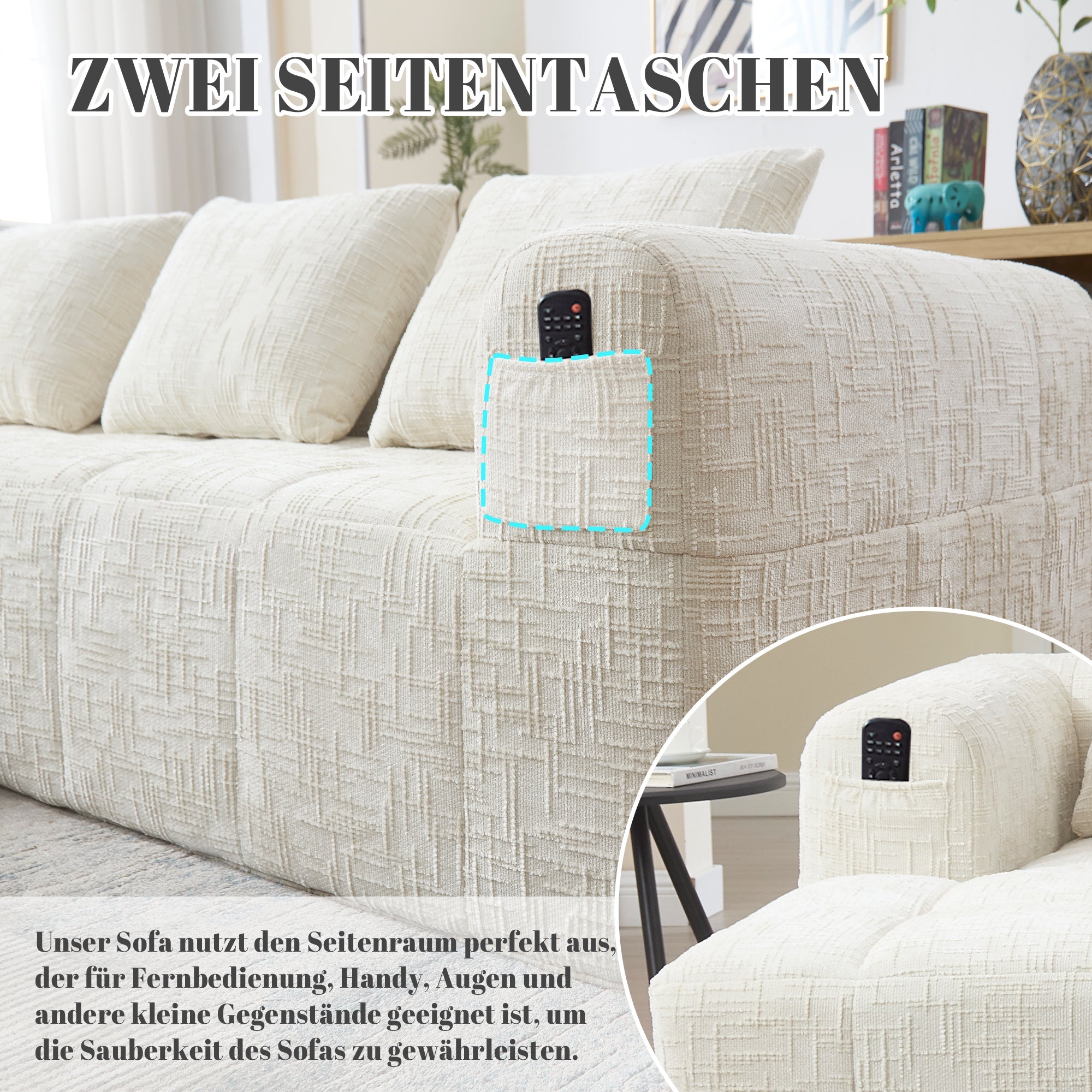 Modern Sectional Sofa, L-Shaped 3-Seater Chaise, No Assembly Chenille Beige