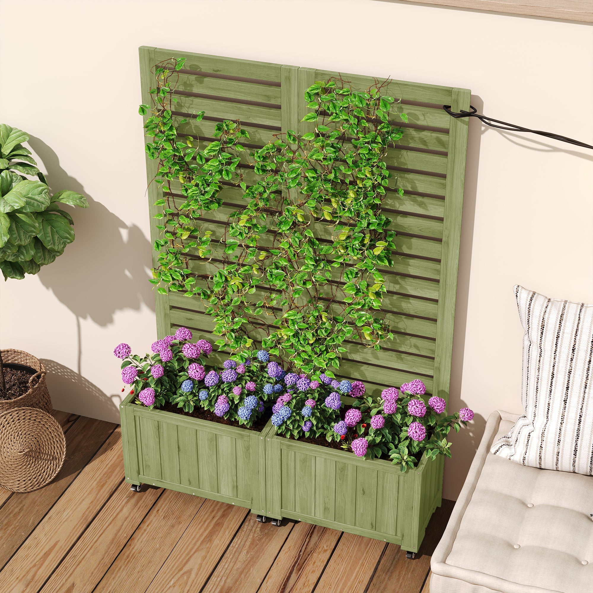 Outdoor Planter Box with Trellis and Folding Universal Wheels