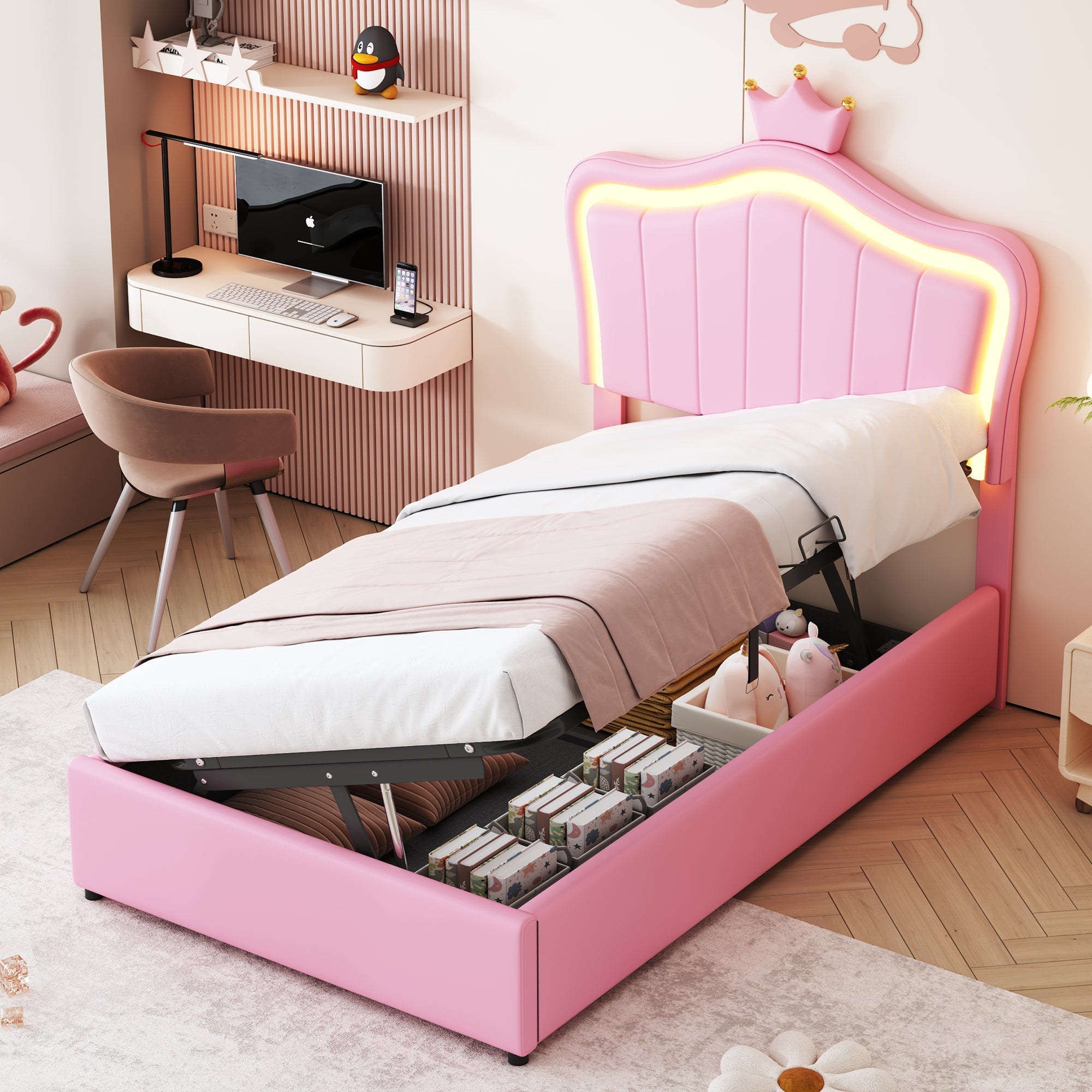 Children's Bed, Crown Design LED Hydraulic Storage, Faux Leather Pink