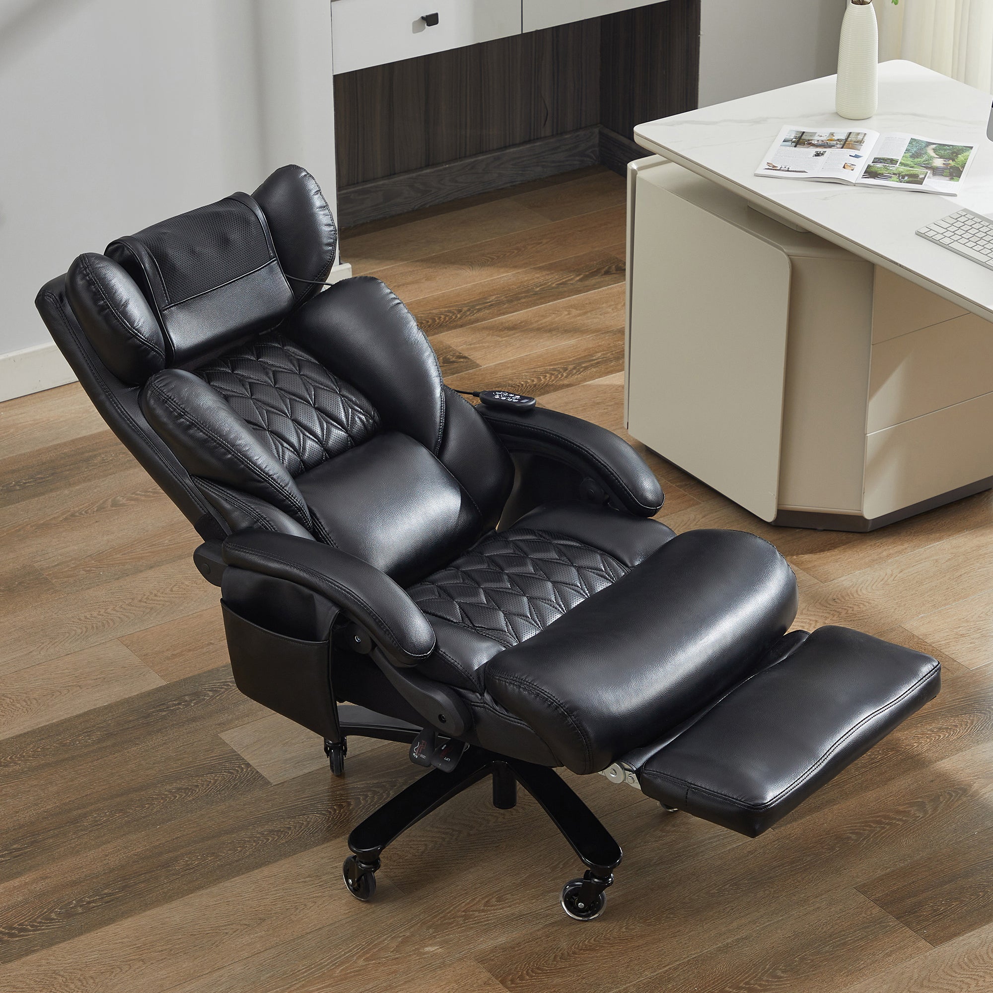 XXL Executive Office Chair - Massage Heat Footrest Adjustable Backrest 150kg - PU Leather Black
