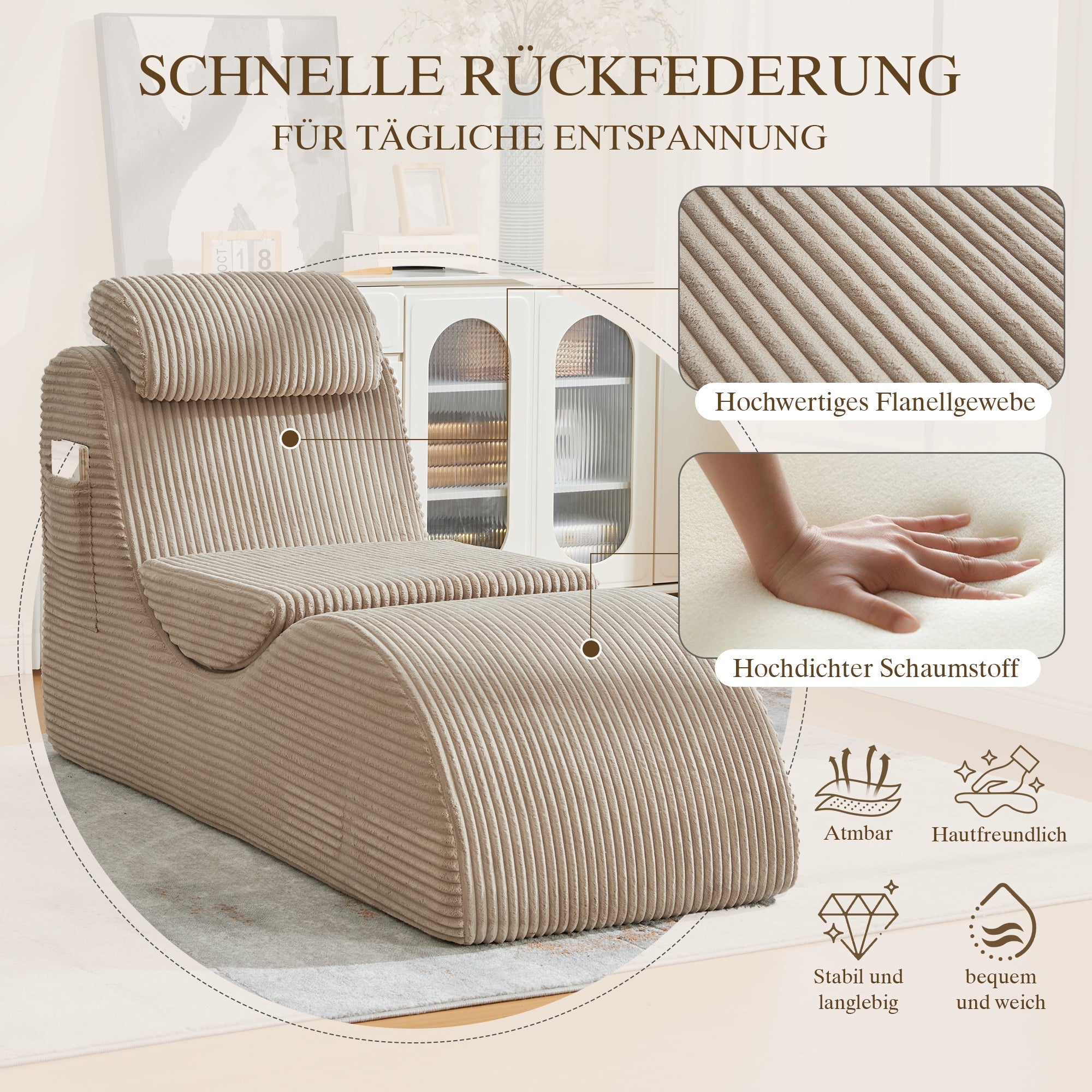 Modern Leisure Chair with Ergonomic Design and Side Pocket, Khaki Corduroy