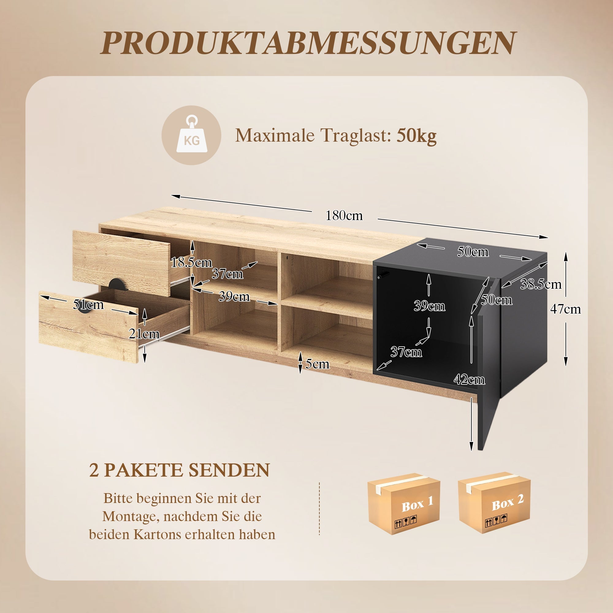 TV Cabinet with Drawer, Open Compartment and LED Lighting, Wood and Black Wood Contrast
