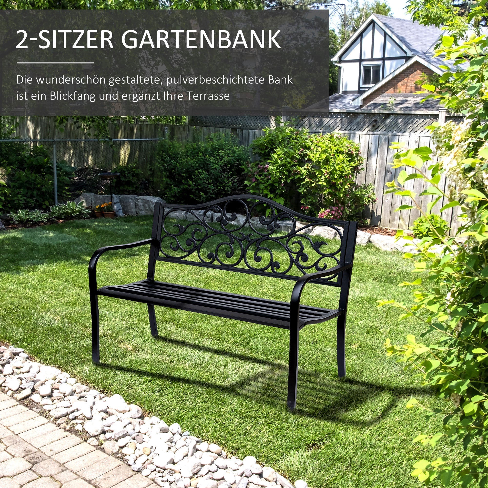 Garden Bench 3-Seater Steel with Cast Iron Armrests, Black