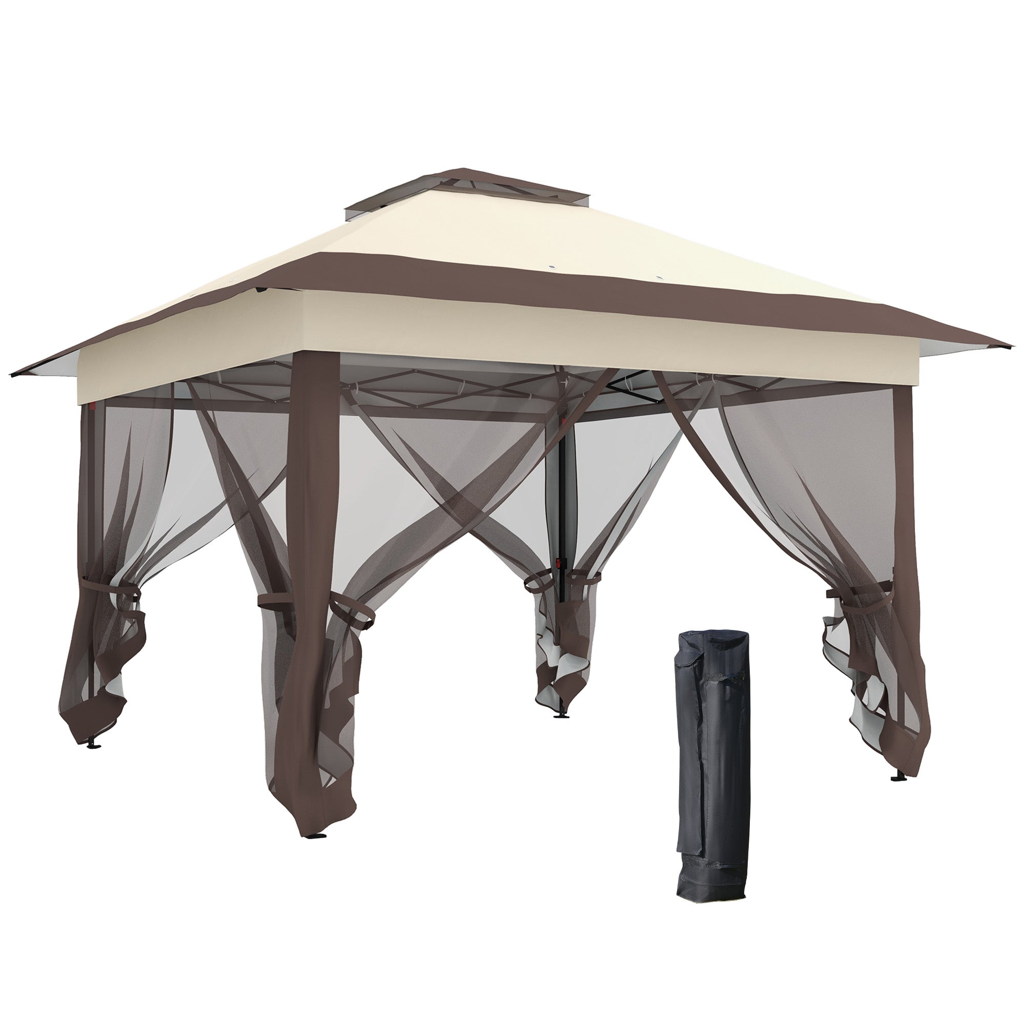 Pop up Gazebo 3.6 x 3.6m Height Adjustable with Netting, Khaki