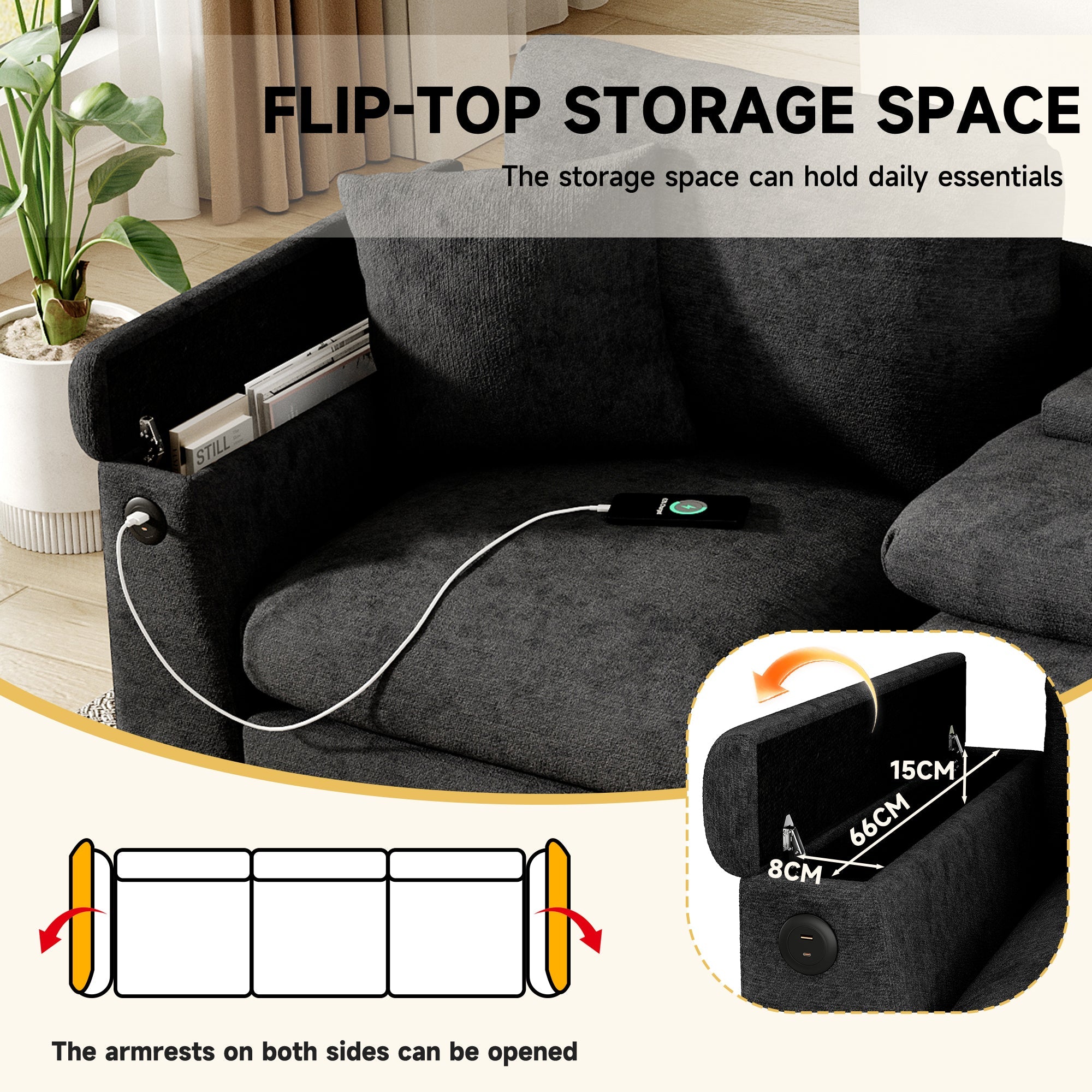 Three-Seater Sofa Multifunctional Folding Table USB Storage - Chenille