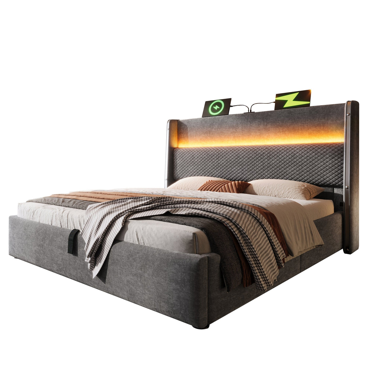 Hydraulic Double Bed, 140x200cm High Headboard LED Storage USB/Type-C, Linen Look Grey