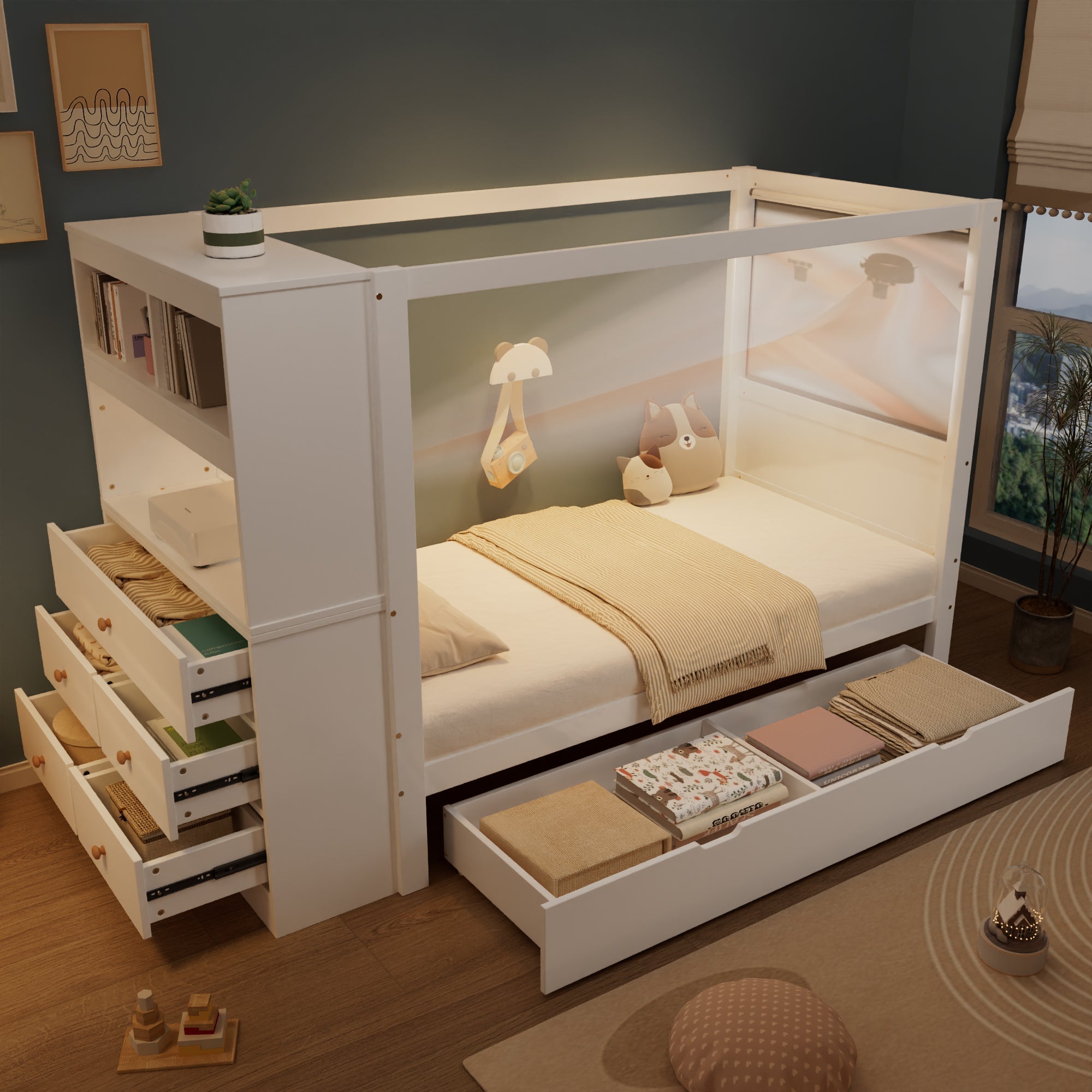 Single bed with safety rail, storage, 5 drawers, white+natural, pine+PB