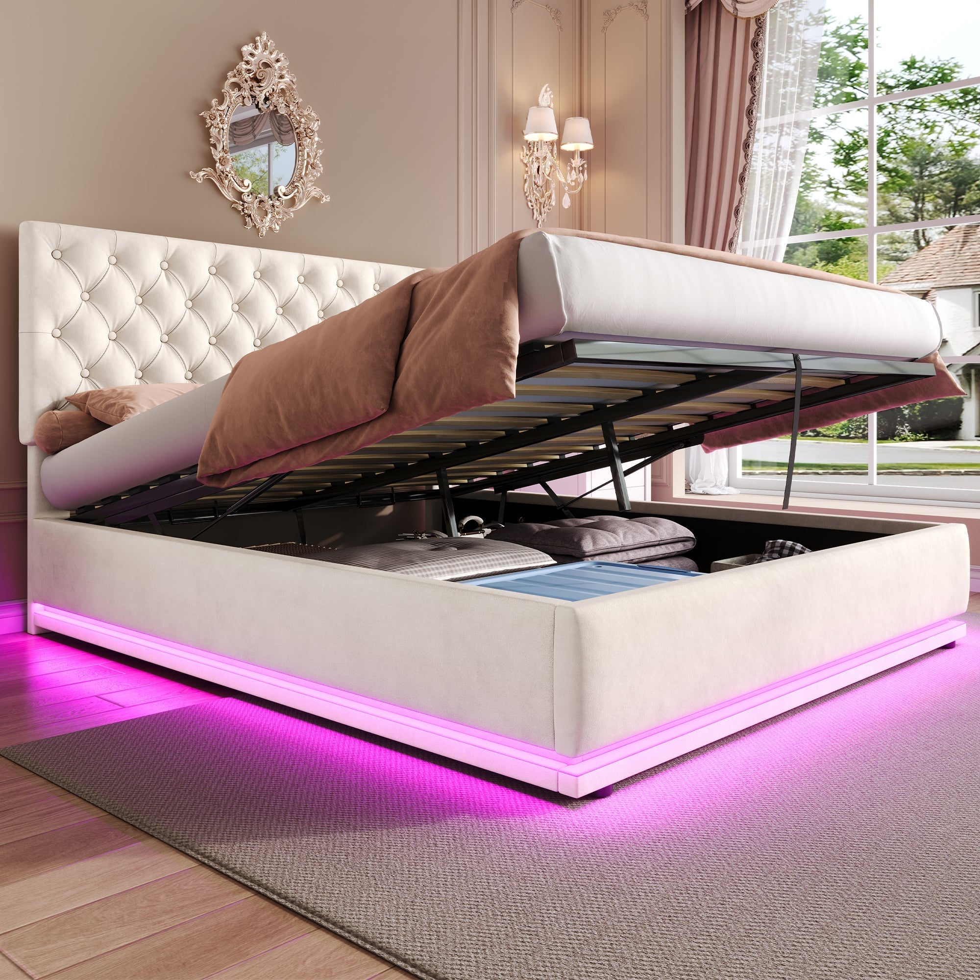 Double Ottoman Bed with LED, Hydraulic Storage, Adjustable Headboard, Velvet Beige