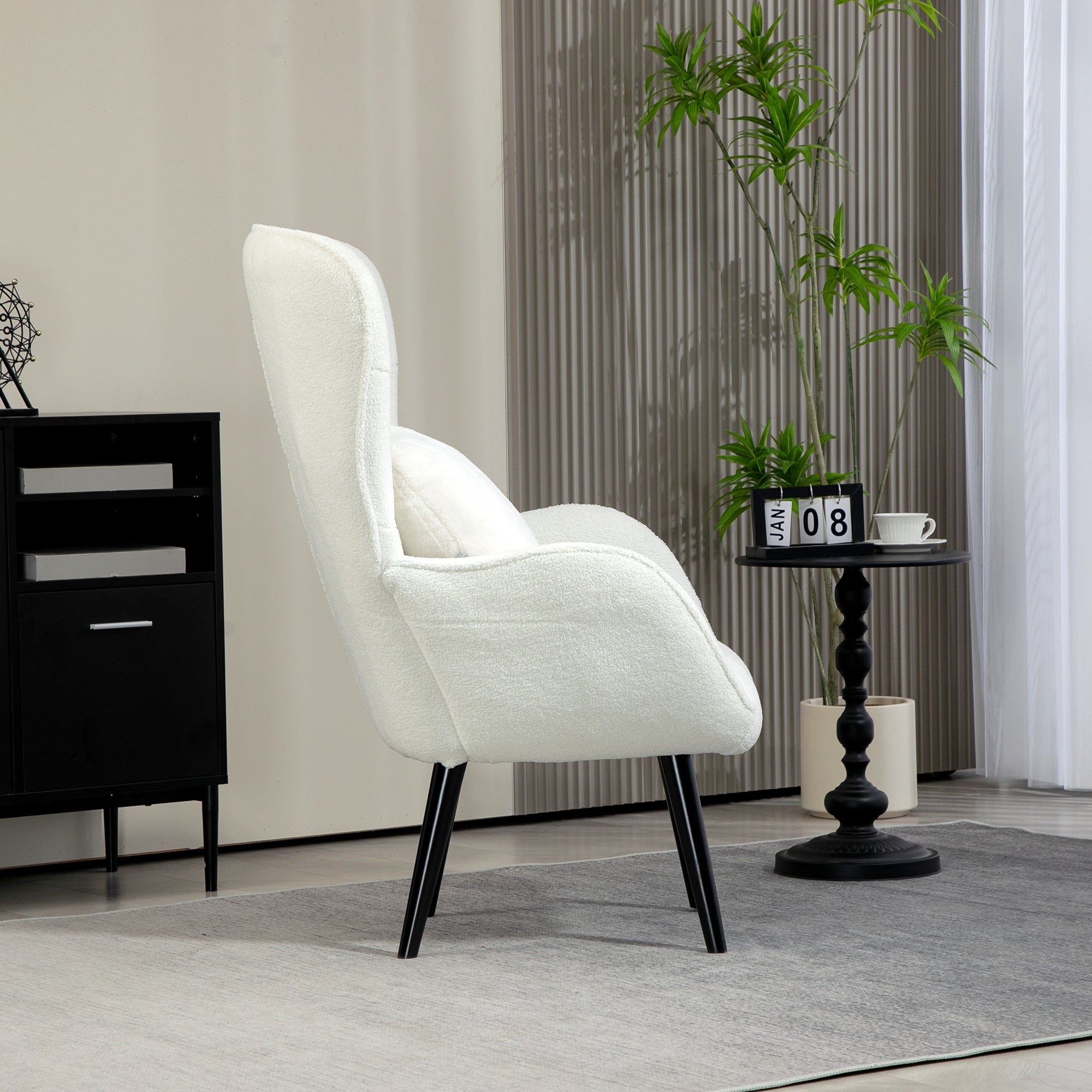 Armchair Lounge Chair, Padded Teddy with Lumbar Cushion, Wooden Legs, White