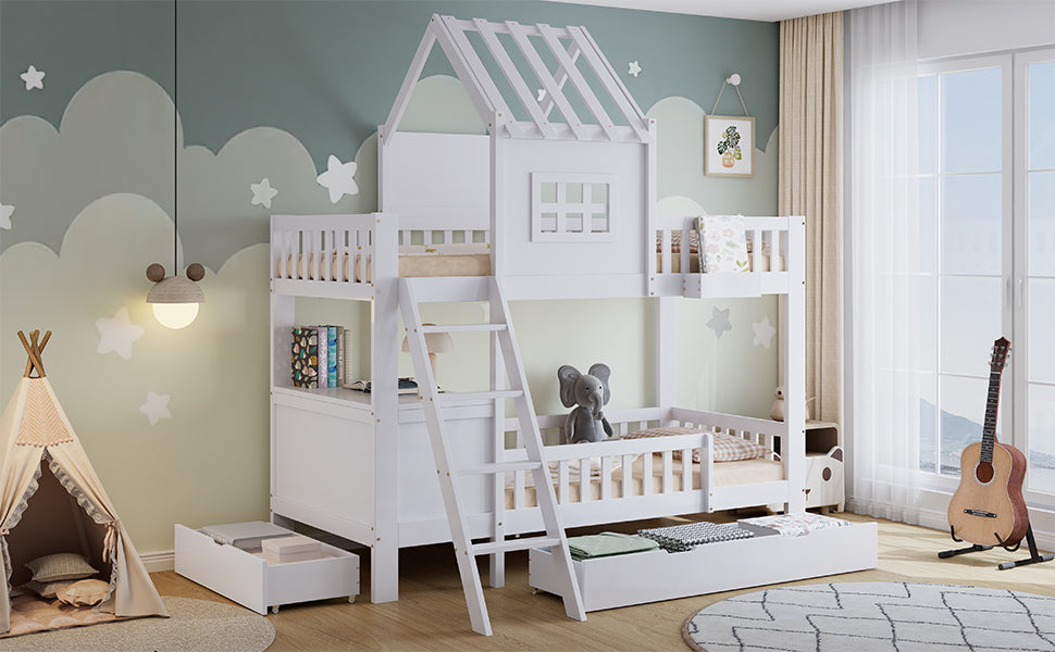 Bunk Bed, Roof & Window with Drawers, Reading Table, Storage Basket, Pine + MDF + Plywood, White