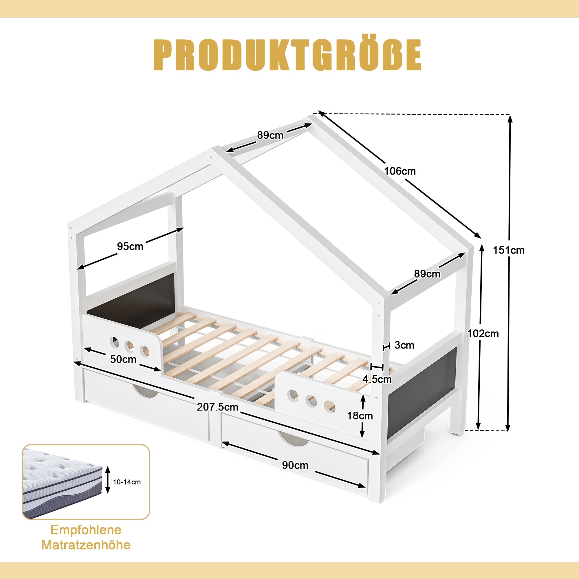 Children's Bed, Roof Design with 2 Drawers, UV Varnish Wood+MDF