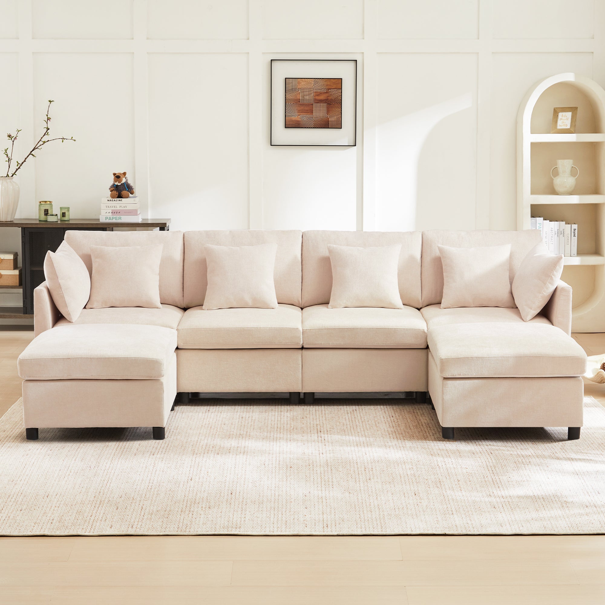 Modern Chenille Sofa Modular Detachable Footstool L-Shaped U-Shaped, Chenille