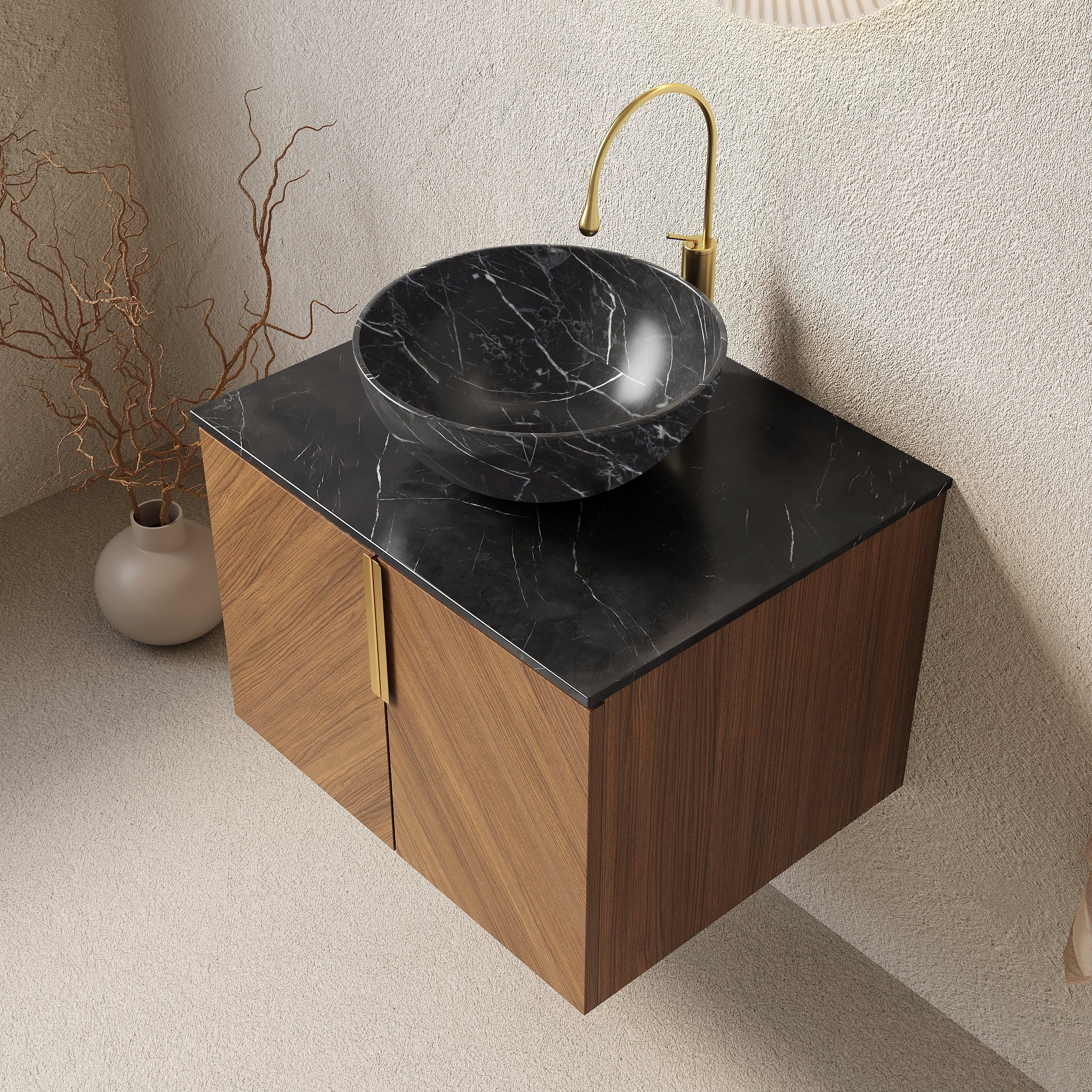 Wall-Mounted Bathroom Vanity Unit with Ceramic Bowl and Sintered Stone Countertop, Espresso Wood Grain