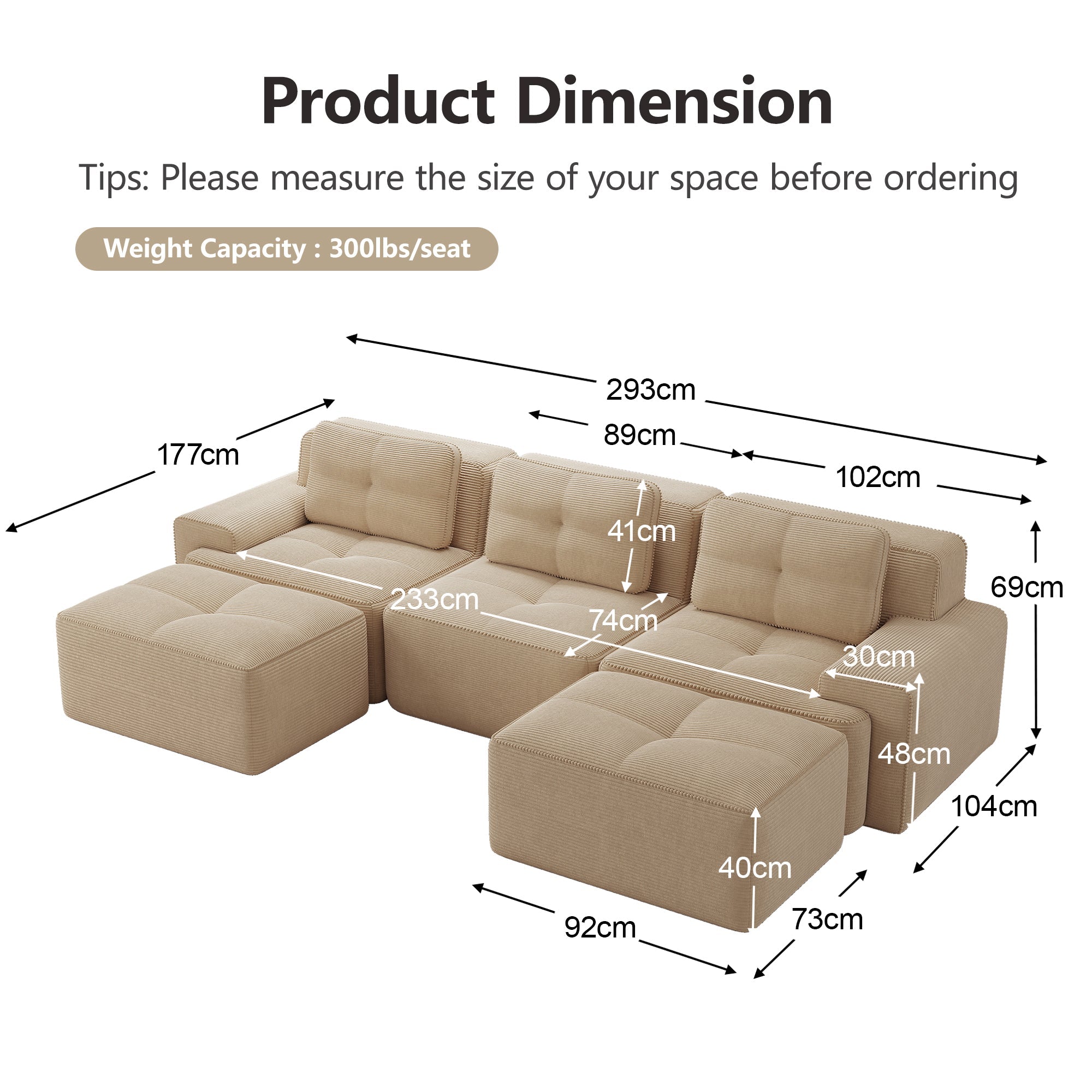 Cloud Modular Sofa U-shaped Ottoman 3-Seater - Corduroy Beige