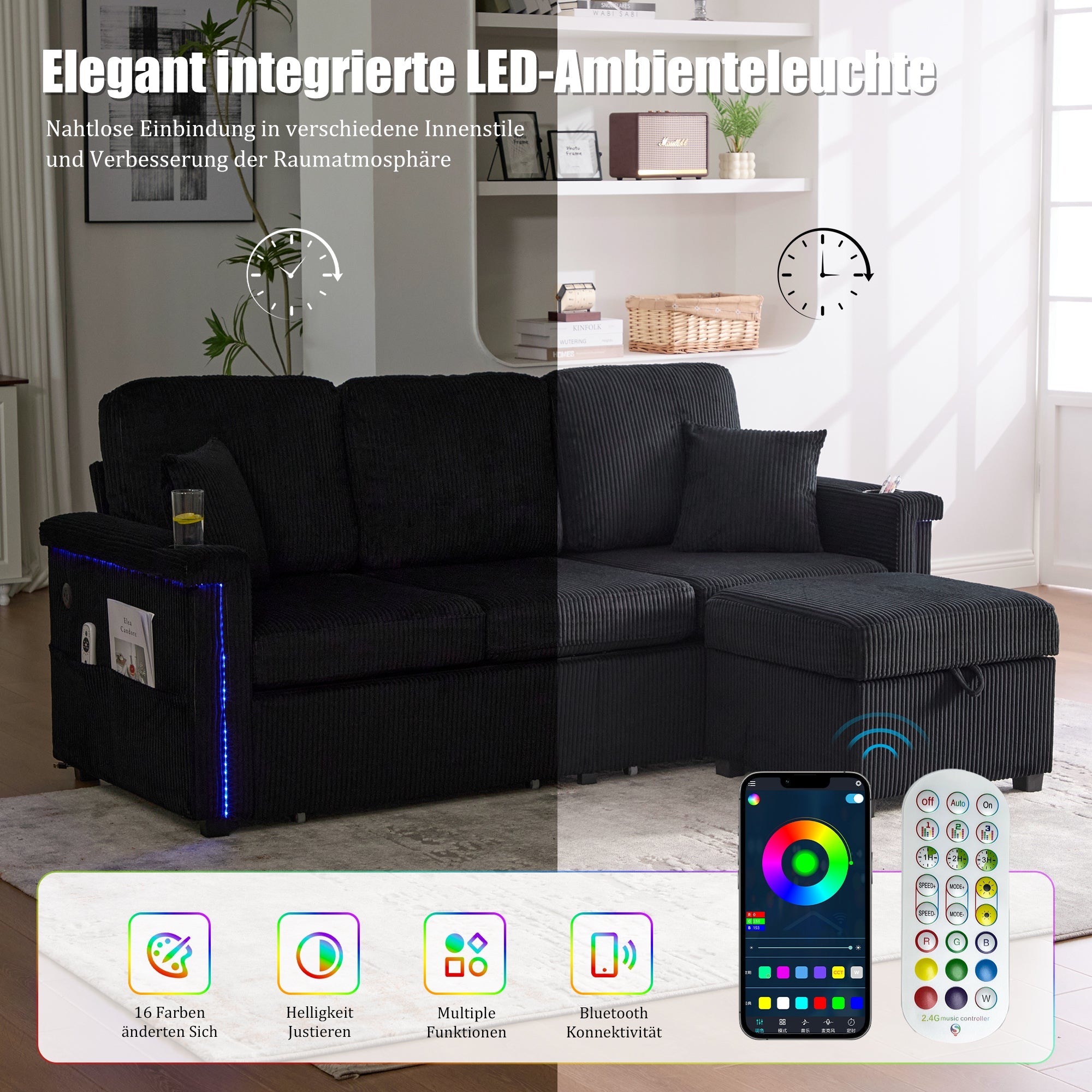 Velvet Sofa with LED & USB-C, Storage Footrest, Cup Holders, Black