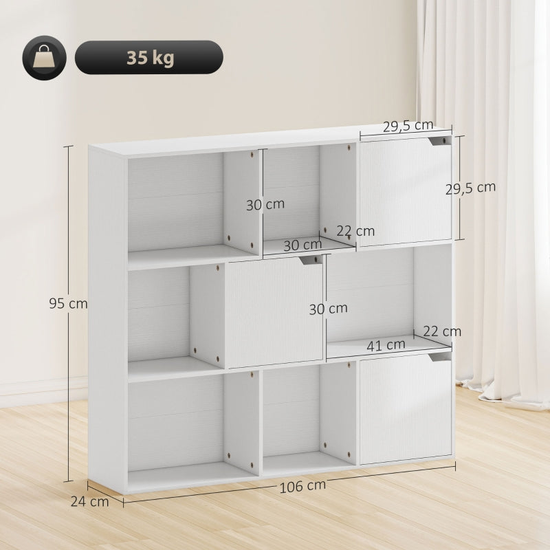 Bookshelf 9 Cube Compartments 3 Doors 6 Open Shelves - White