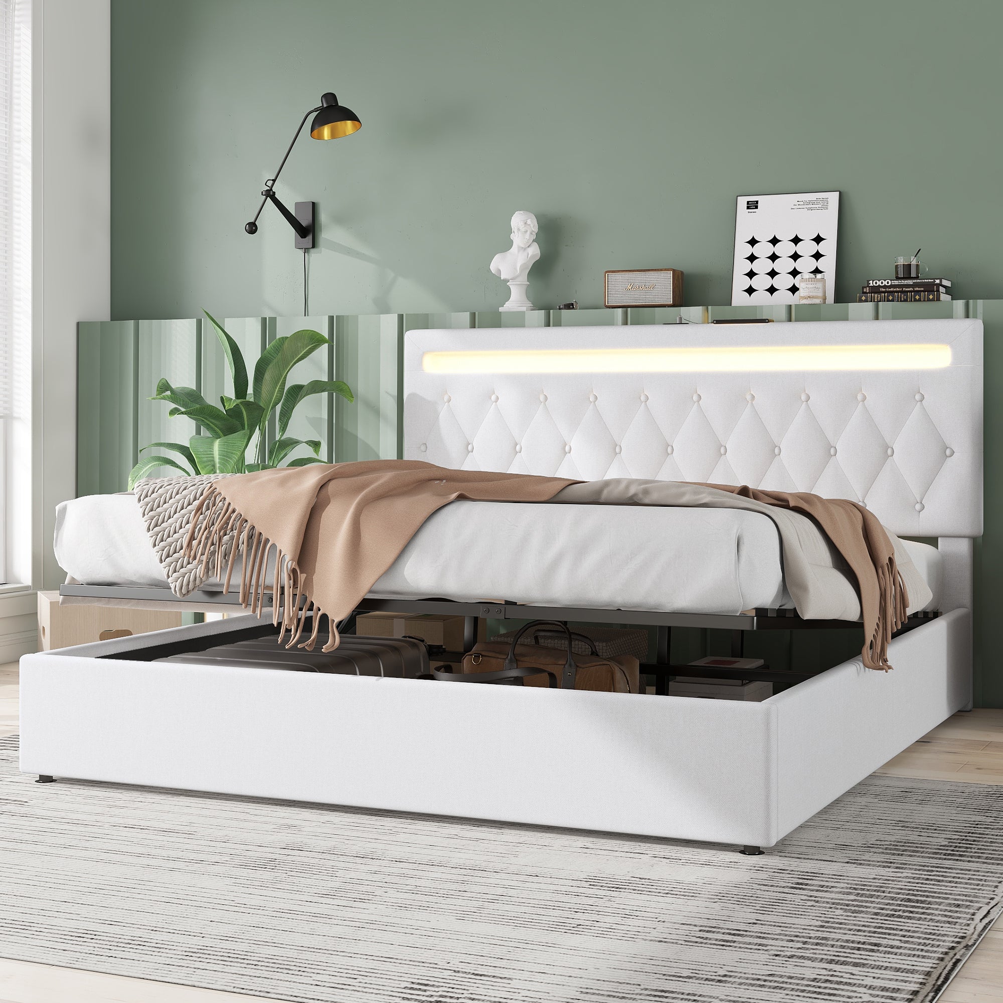 Upholstered Bed 180x200cm Hydraulic Storage LED USB - White