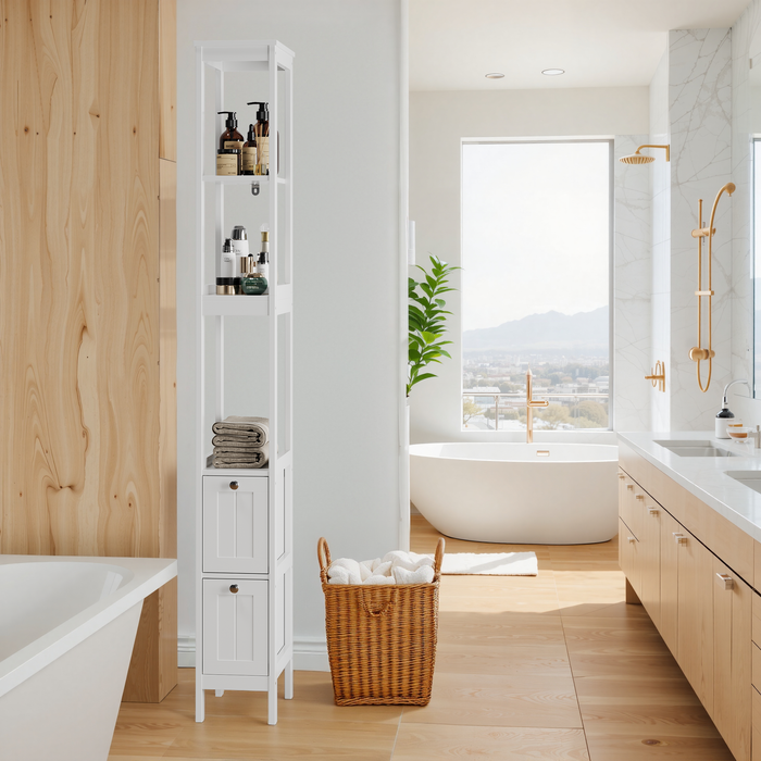 Narrow Tall Cabinet, Freestanding with 2 Drawers and 3 Shelves, White