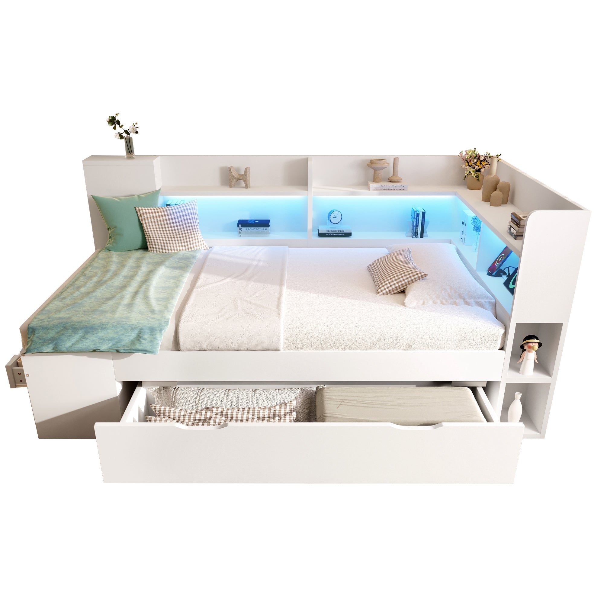 Daybed with LED, Charging Station and Storage, 90x200cm, White Wood-based Material