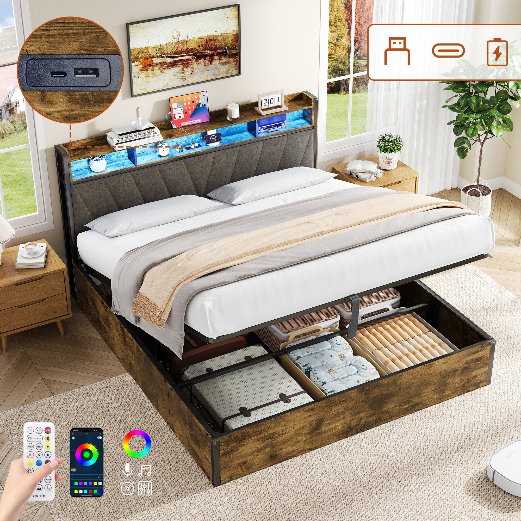 5ft King Bed Frame with Hydraulic Storage, RGB LED Headboard with Charging Station, Black+Walnut