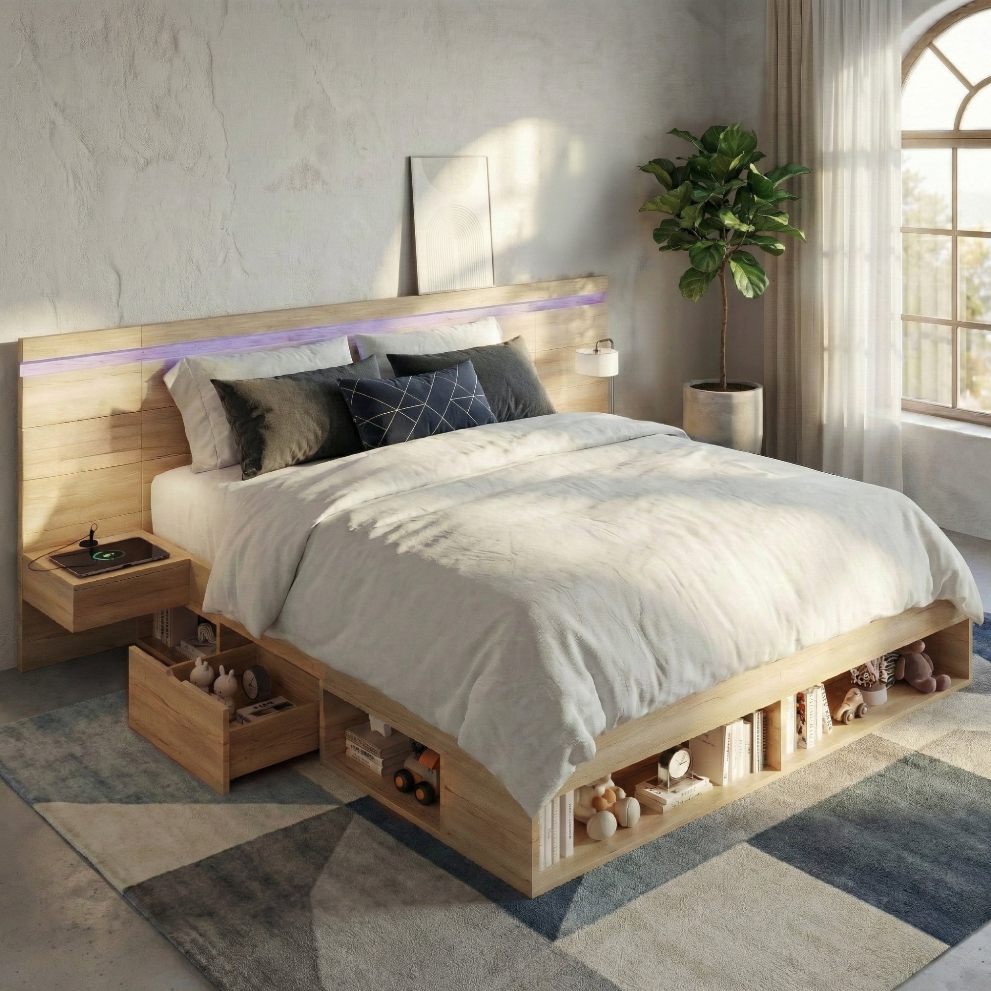 Double Bed 180x200cm Storage with LED, USB/Type-C, 2 Drawers & Bedside Tables Natural Wood
