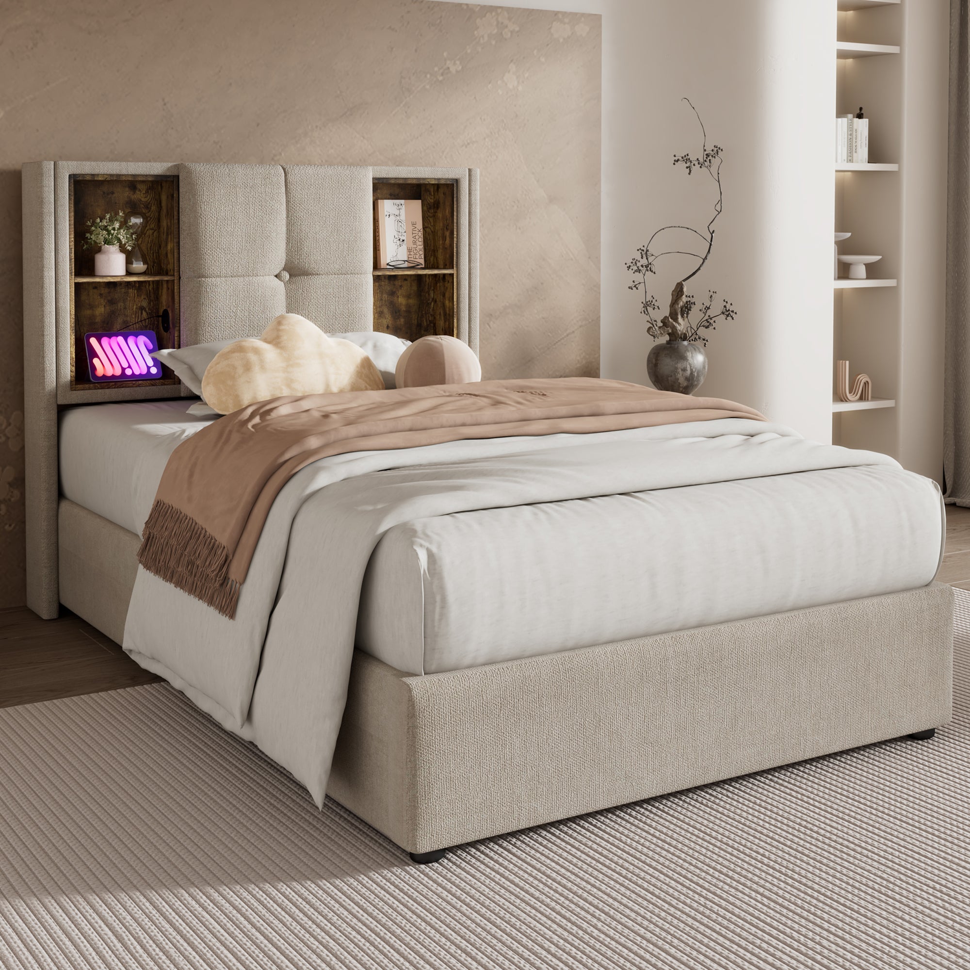 Single Bed, 90x200cm Upholstered with Wireless USB-C Charging, Storage & Wood Slats, Natural Linen