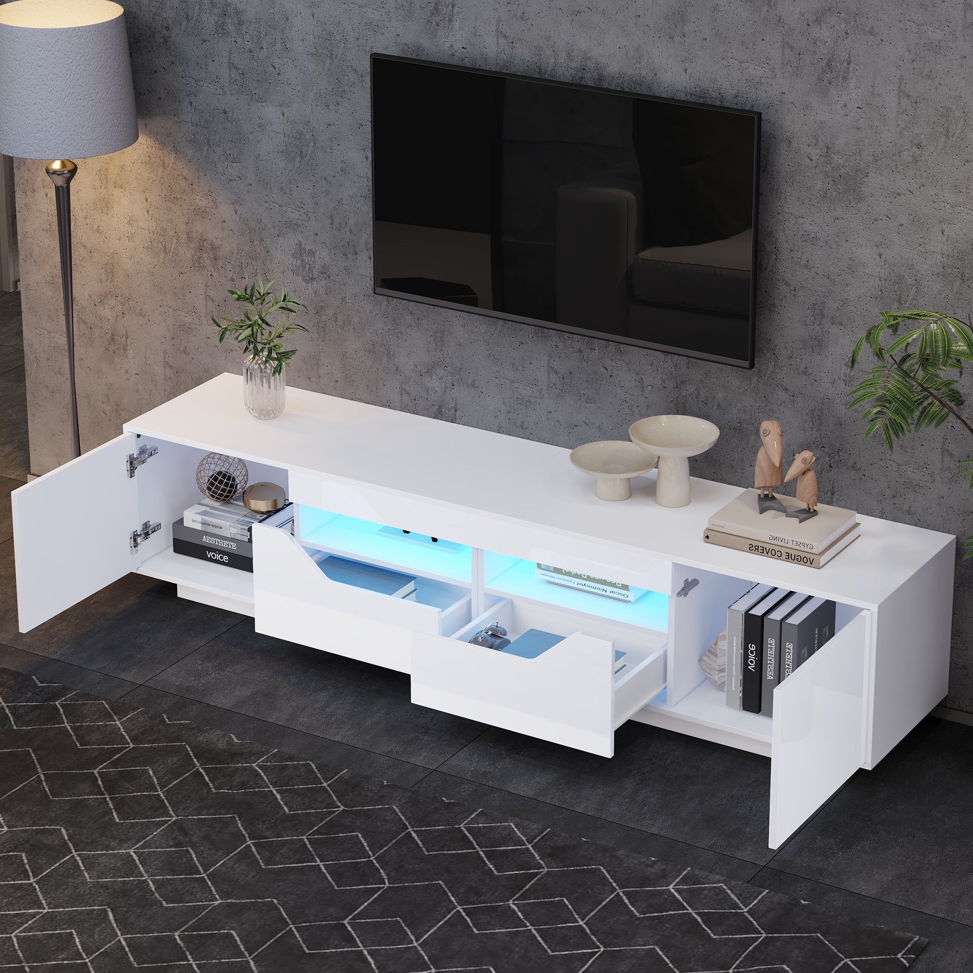 TV Stand Lowboard 180cm 75-inch TV LED Lights High-Gloss White